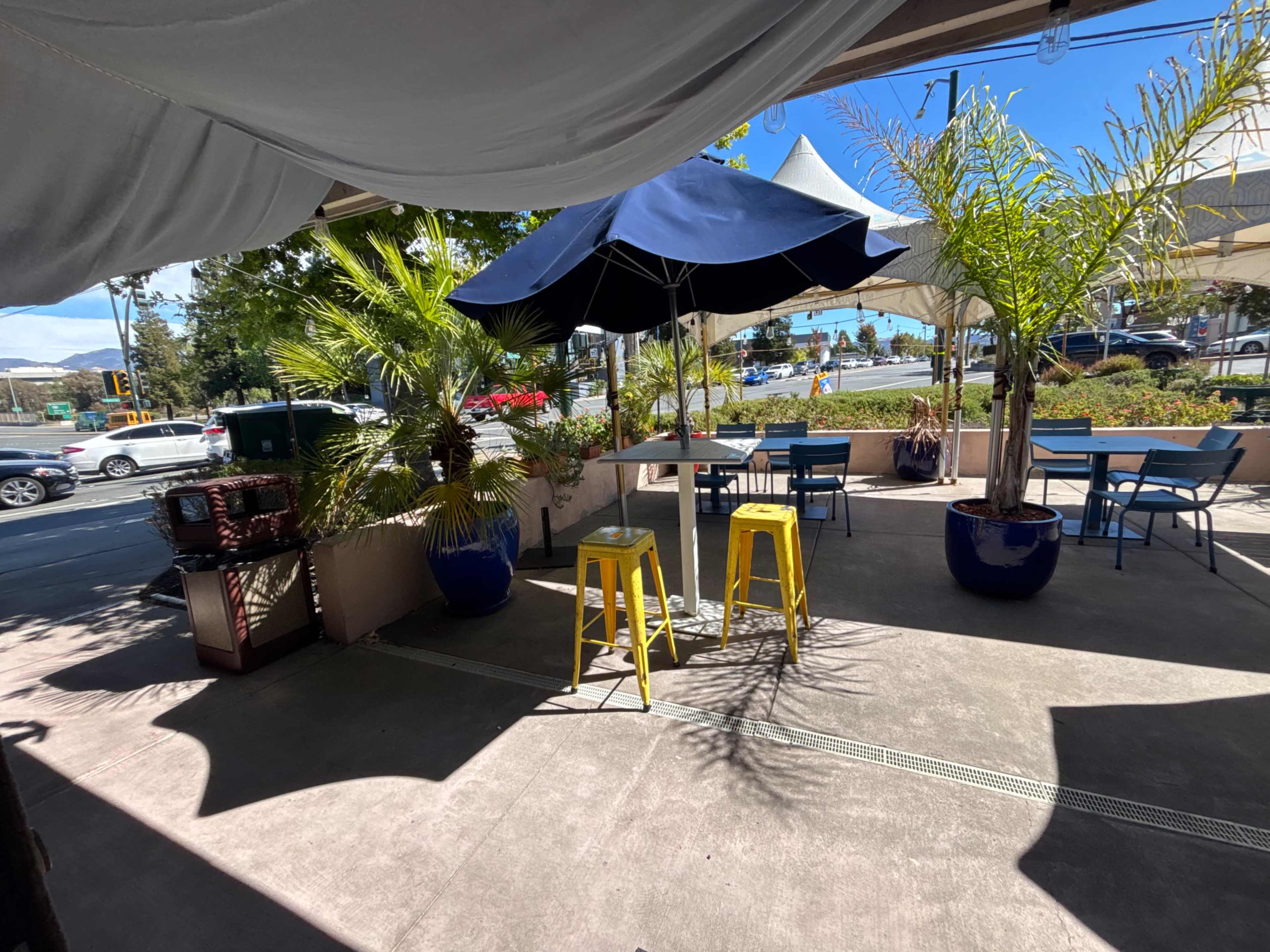 An outdoor seating area features yellow bar stools, a large blue umbrella, and potted palm trees near a sidewalk.