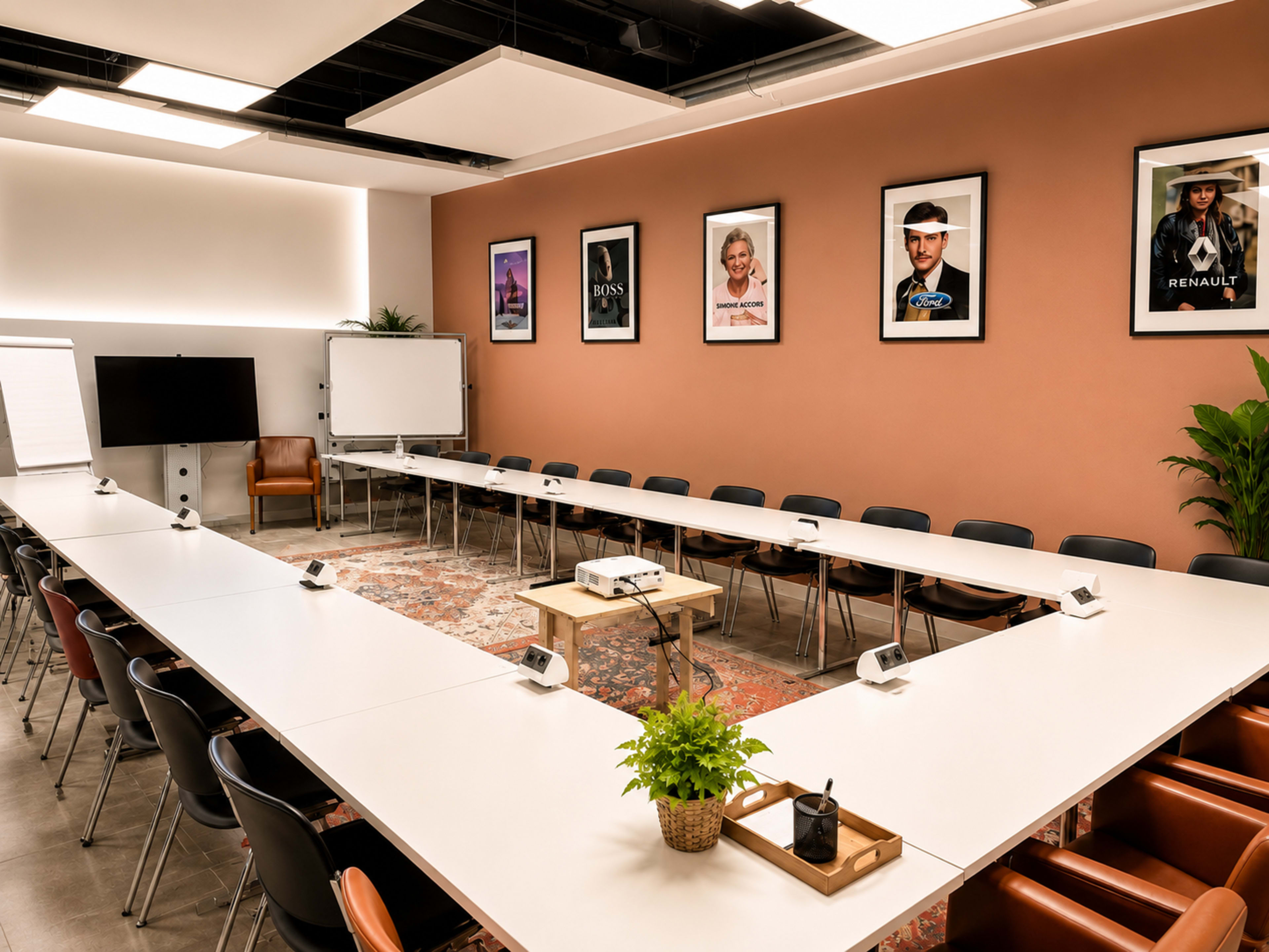The image shows a modern conference room arranged in a U-shape with a central table, black chairs, and several framed posters on the walls.