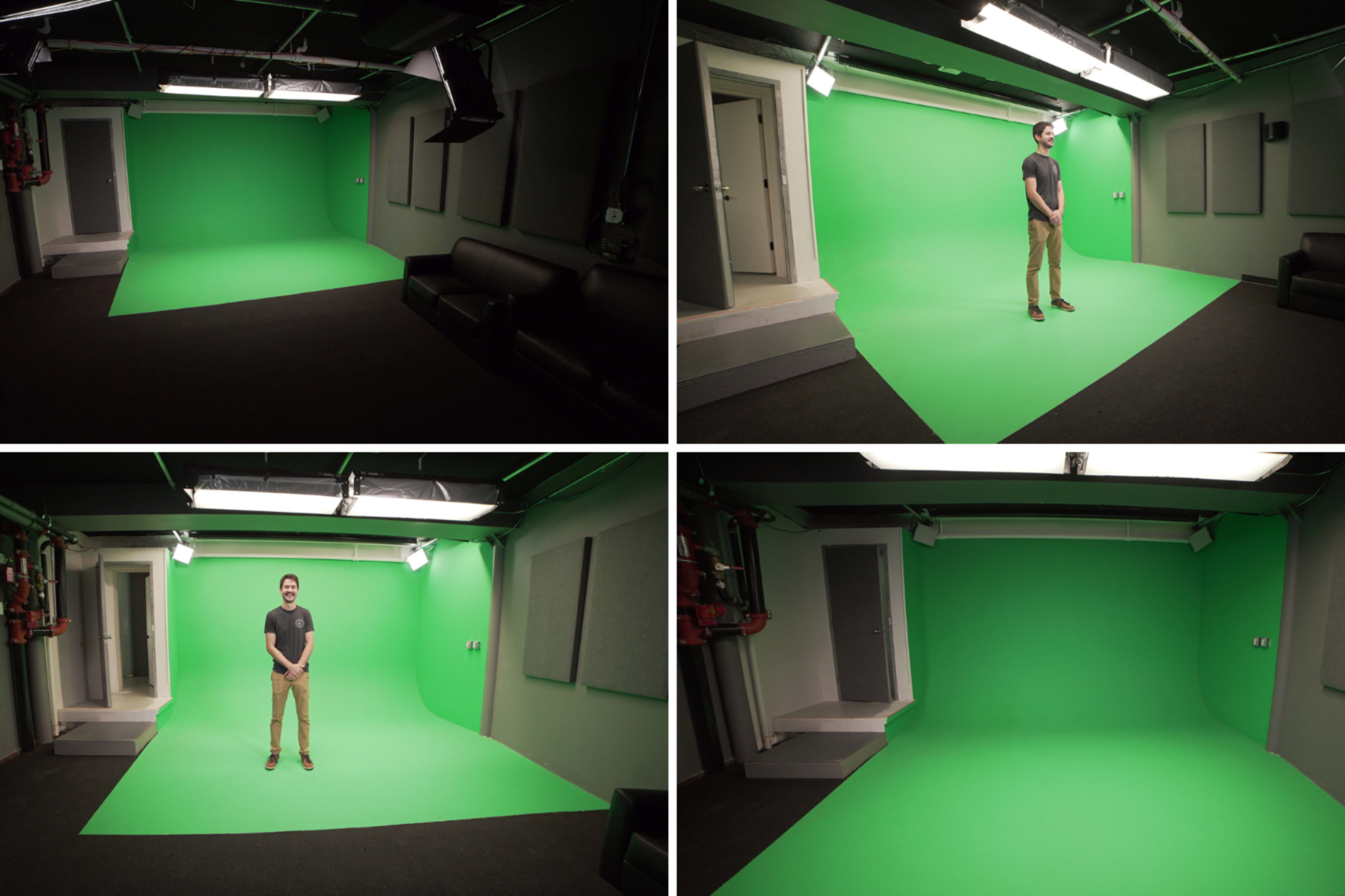 A green screen studio with a person standing in different poses in four separate frames.
