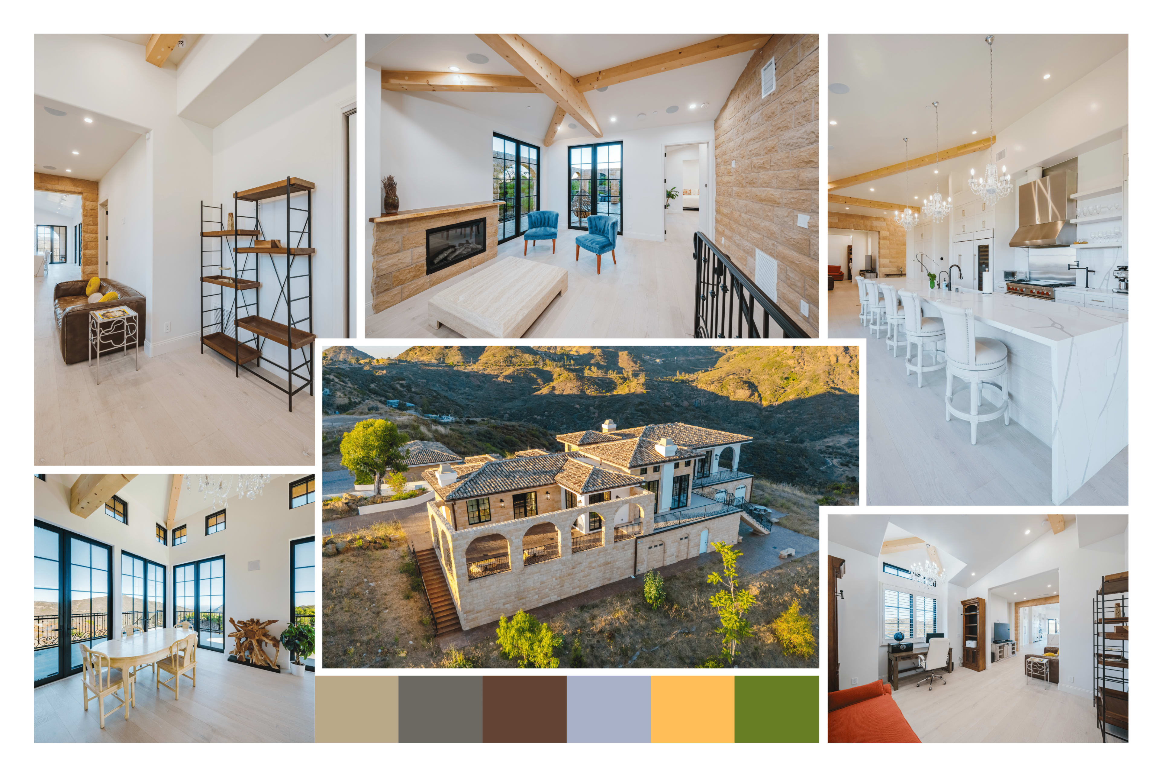 The image showcases a modern home interior featuring an open layout with a spacious kitchen, living area, and dining space, complemented by large windows and wooden accents.