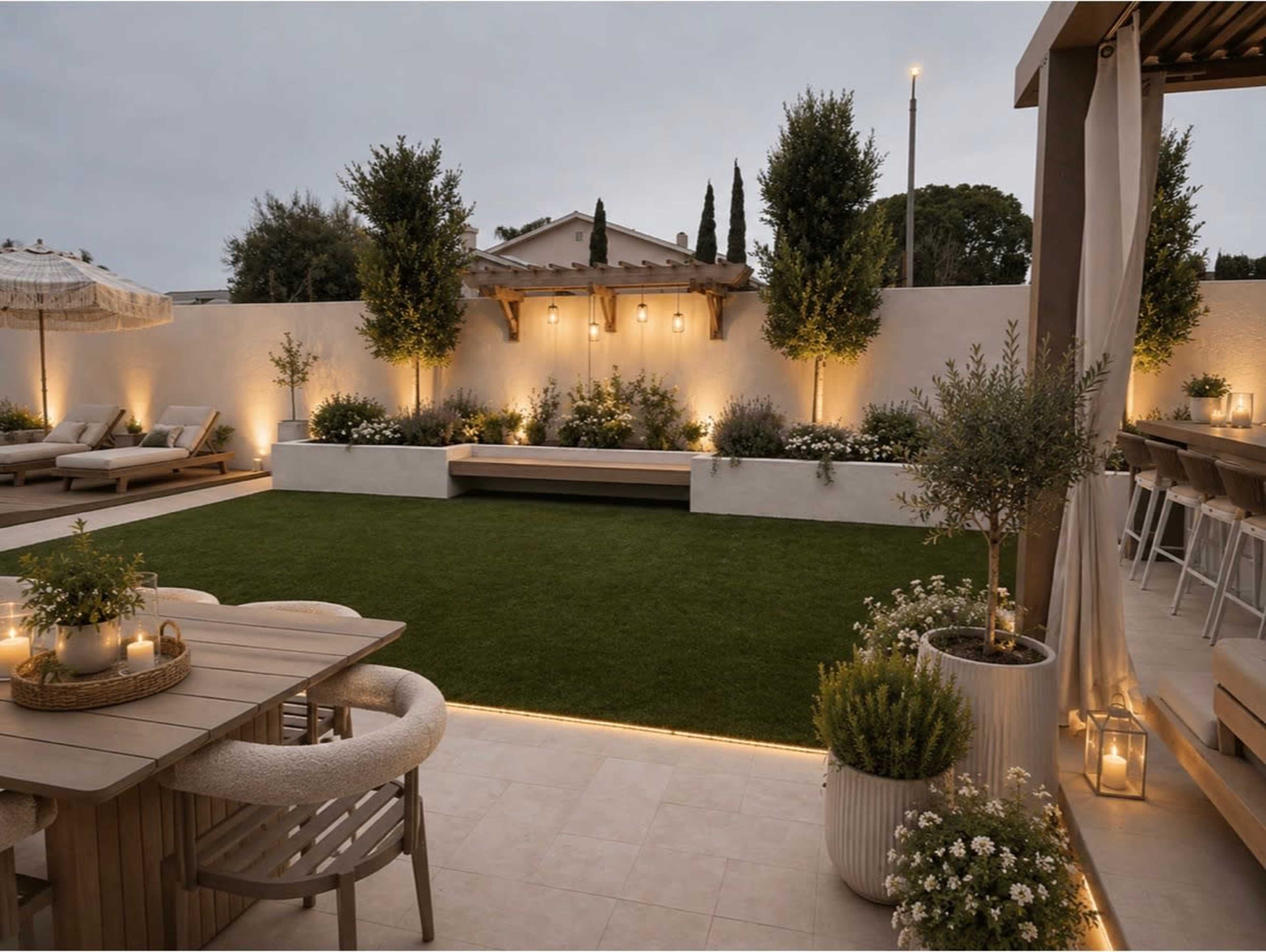 The image showcases a landscaped garden area featuring a manicured lawn, decorative plants, and seating arrangements under soft evening lighting.