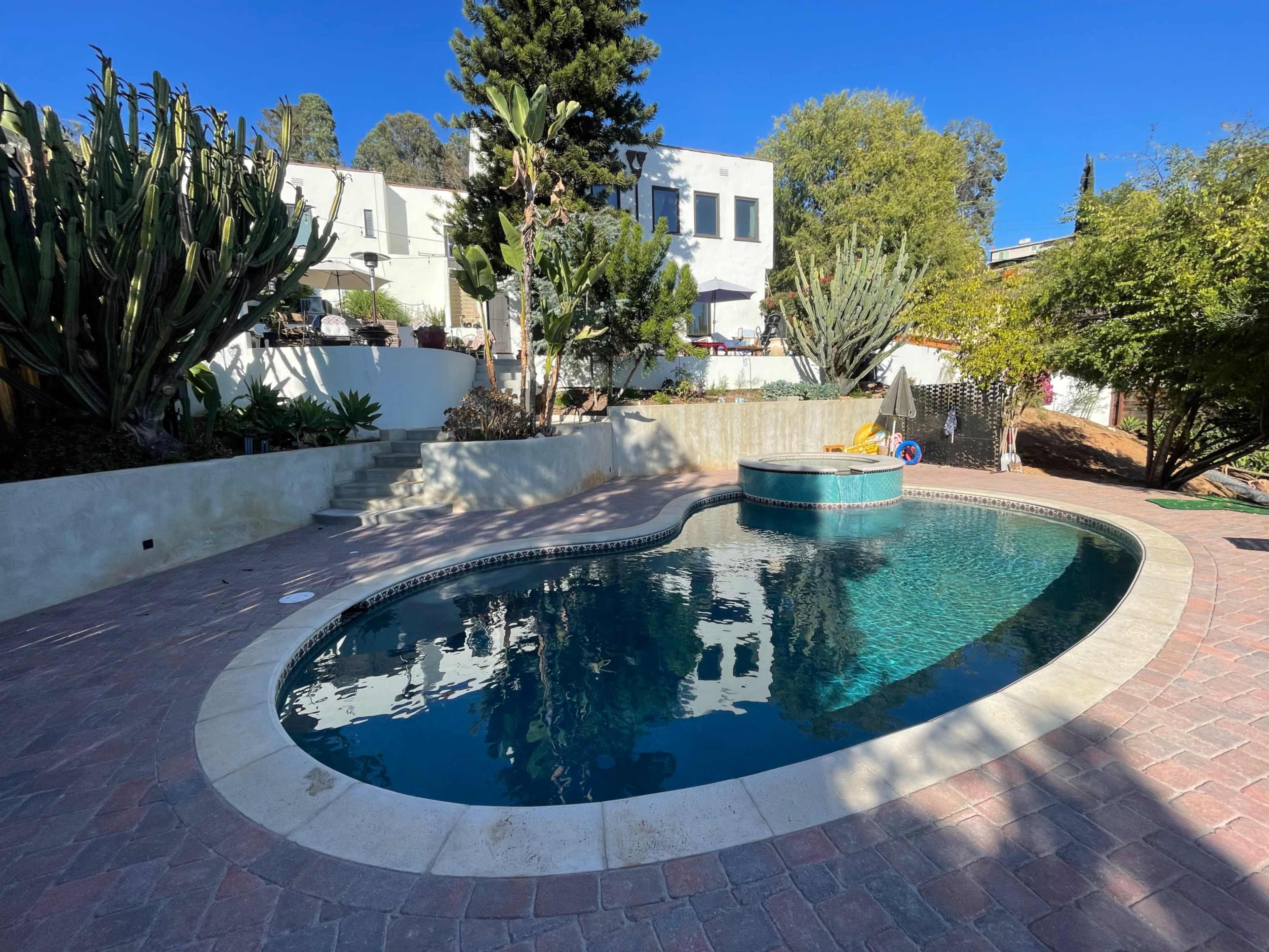 A rectangular swimming pool with a spa is surrounded by greenery and a stone patio in a residential backyard.