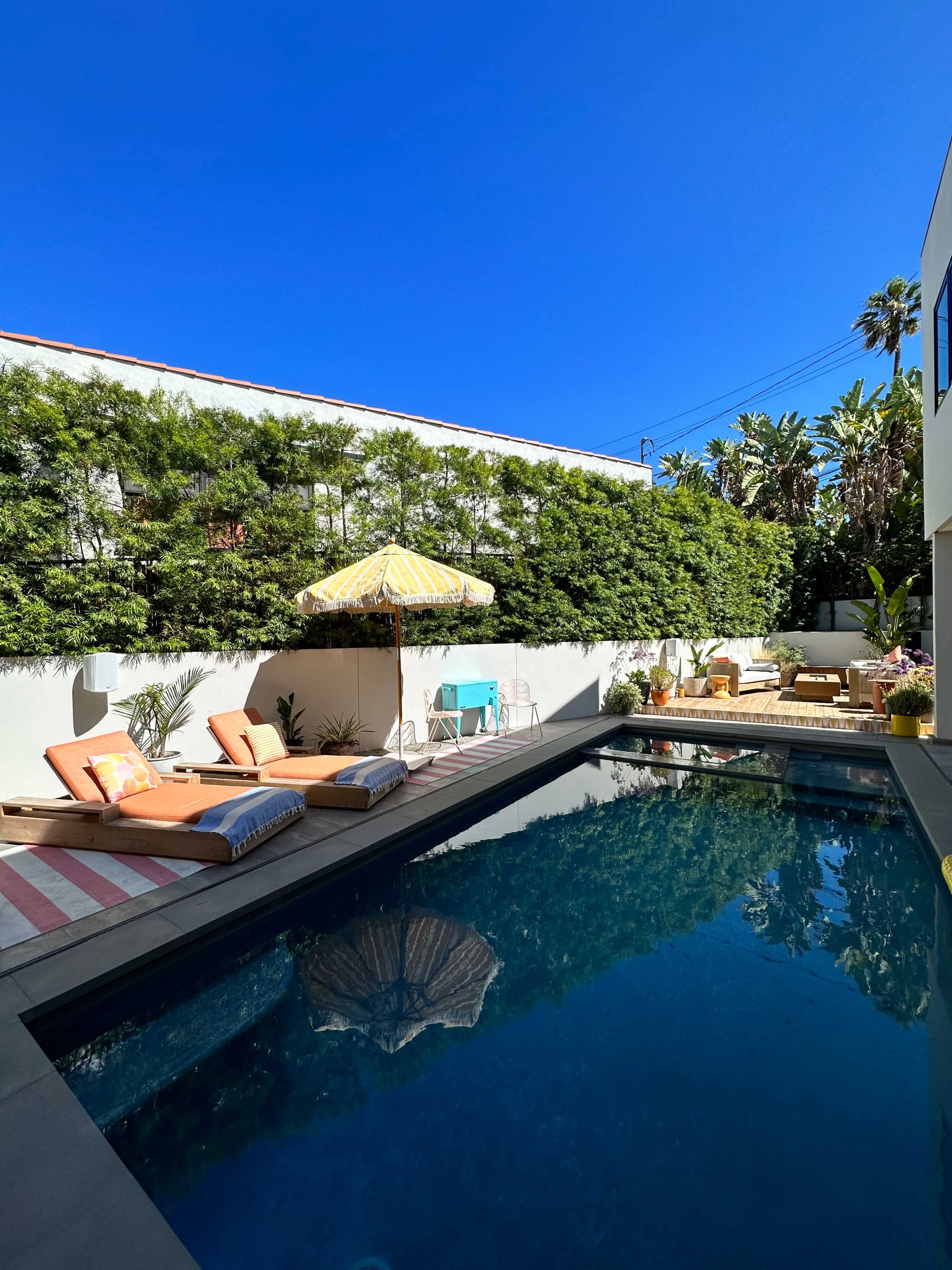 The image shows a modern backyard with a swimming pool surrounded by lounge chairs, a vibrant umbrella, and lush greenery.
