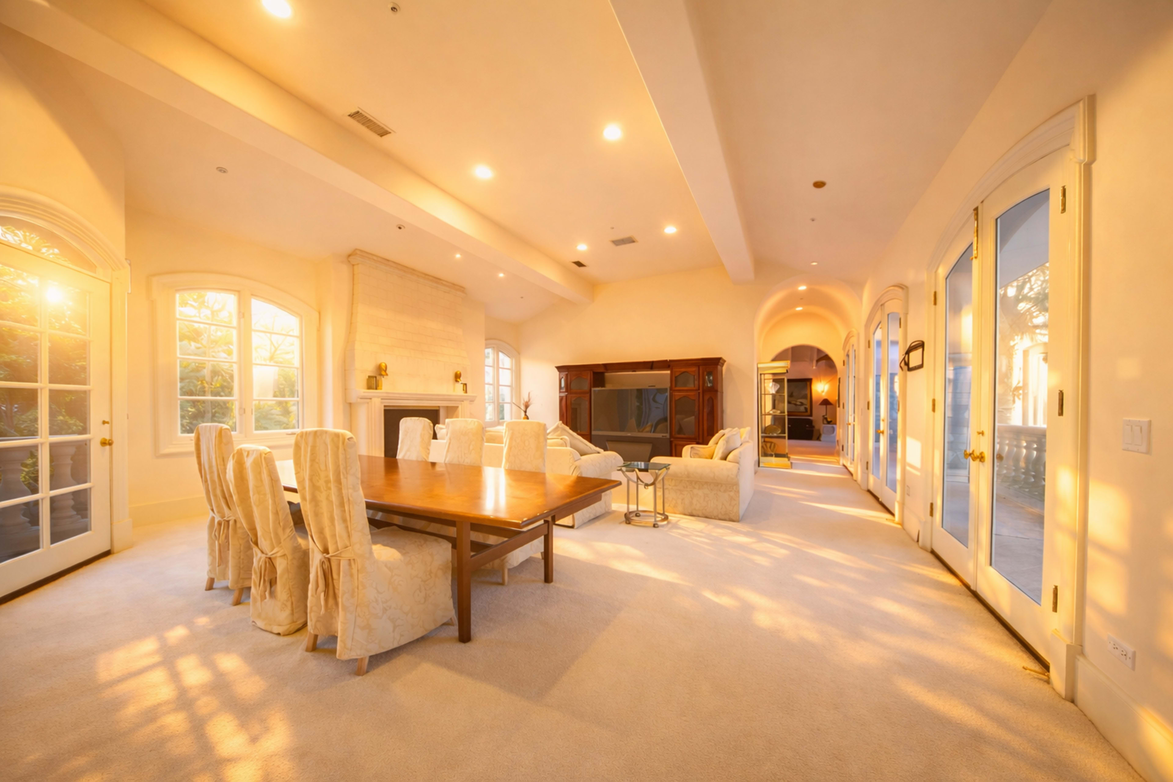 A spacious, well-lit living area features a dining table with eight chairs, a large television, and various seating arrangements.