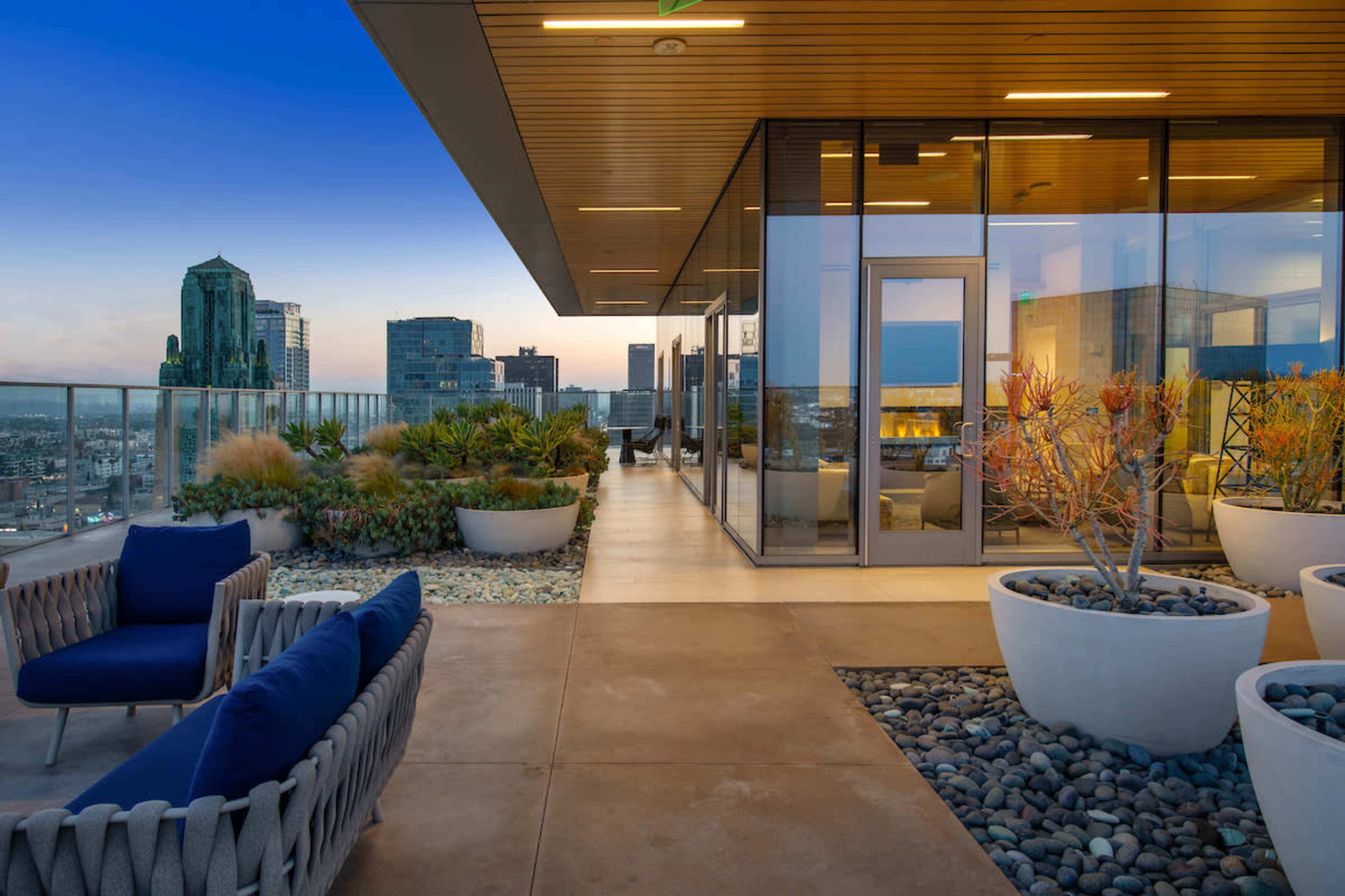 The image shows a modern rooftop terrace with potted plants, lounge seating, and a panoramic view of the city skyline at dusk.