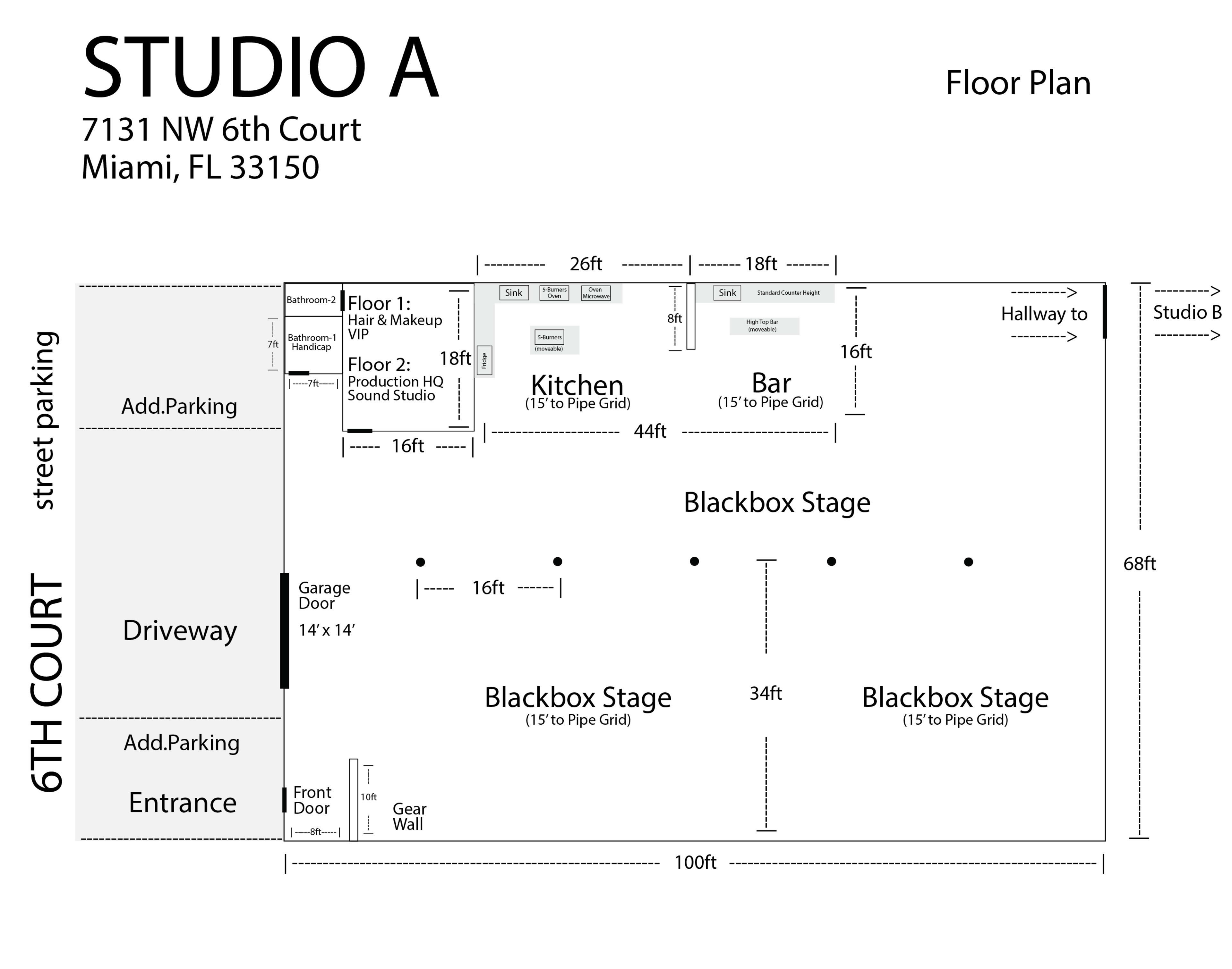The image shows a detailed floor plan of "Studio A" located at 7131 NW 6th Court, Miami, FL, featuring areas labeled for a blackbox stage, kitchen, bar, and additional parking.