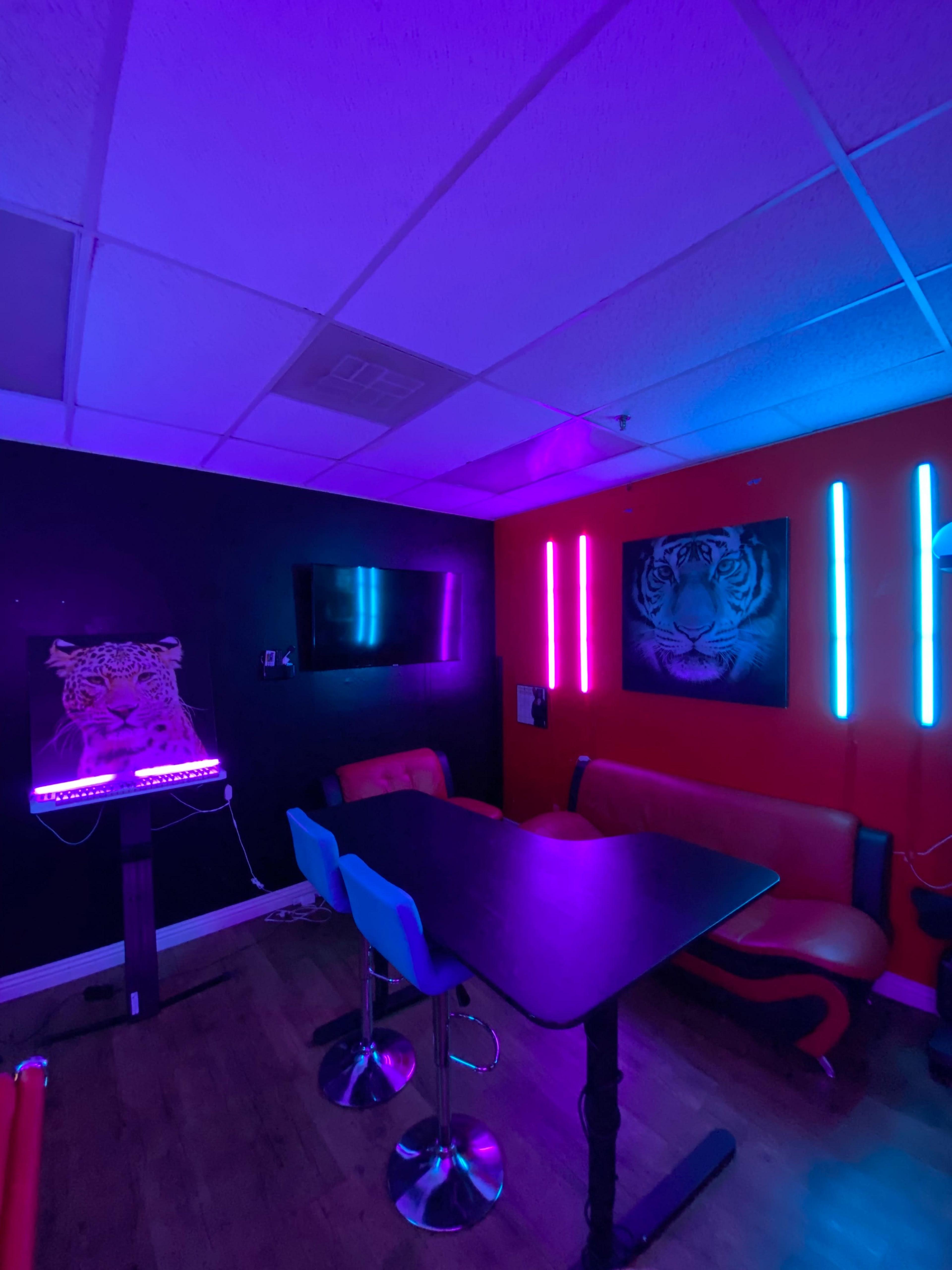 A vibrant room features a black and red color scheme, illuminated with neon lights, a table, and seating against the walls adorned with tiger-themed artwork.
