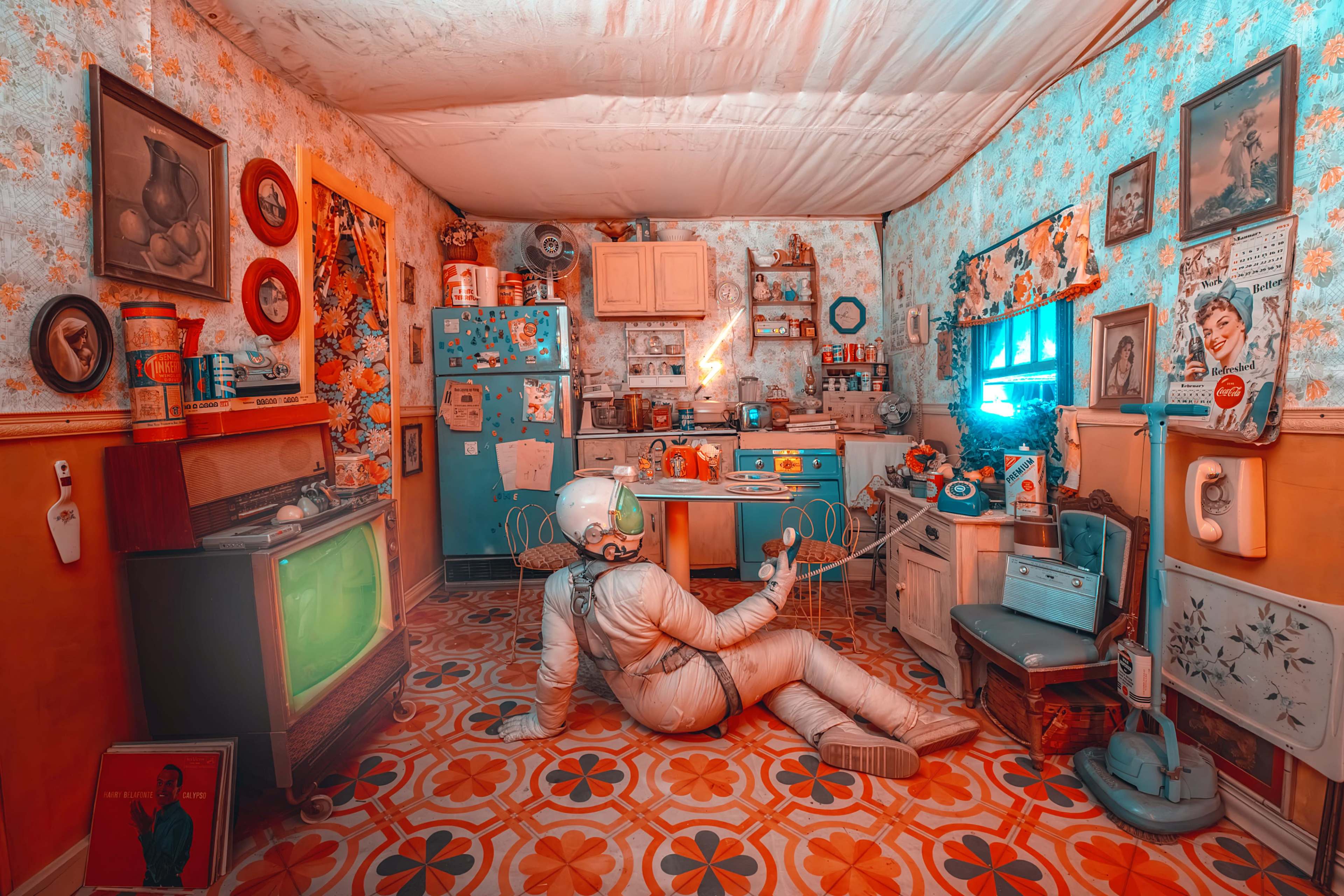 An astronaut in a vintage-style kitchen sits on the floor, holding a cord attached to a blue refrigerator amidst retro decor and patterned flooring.