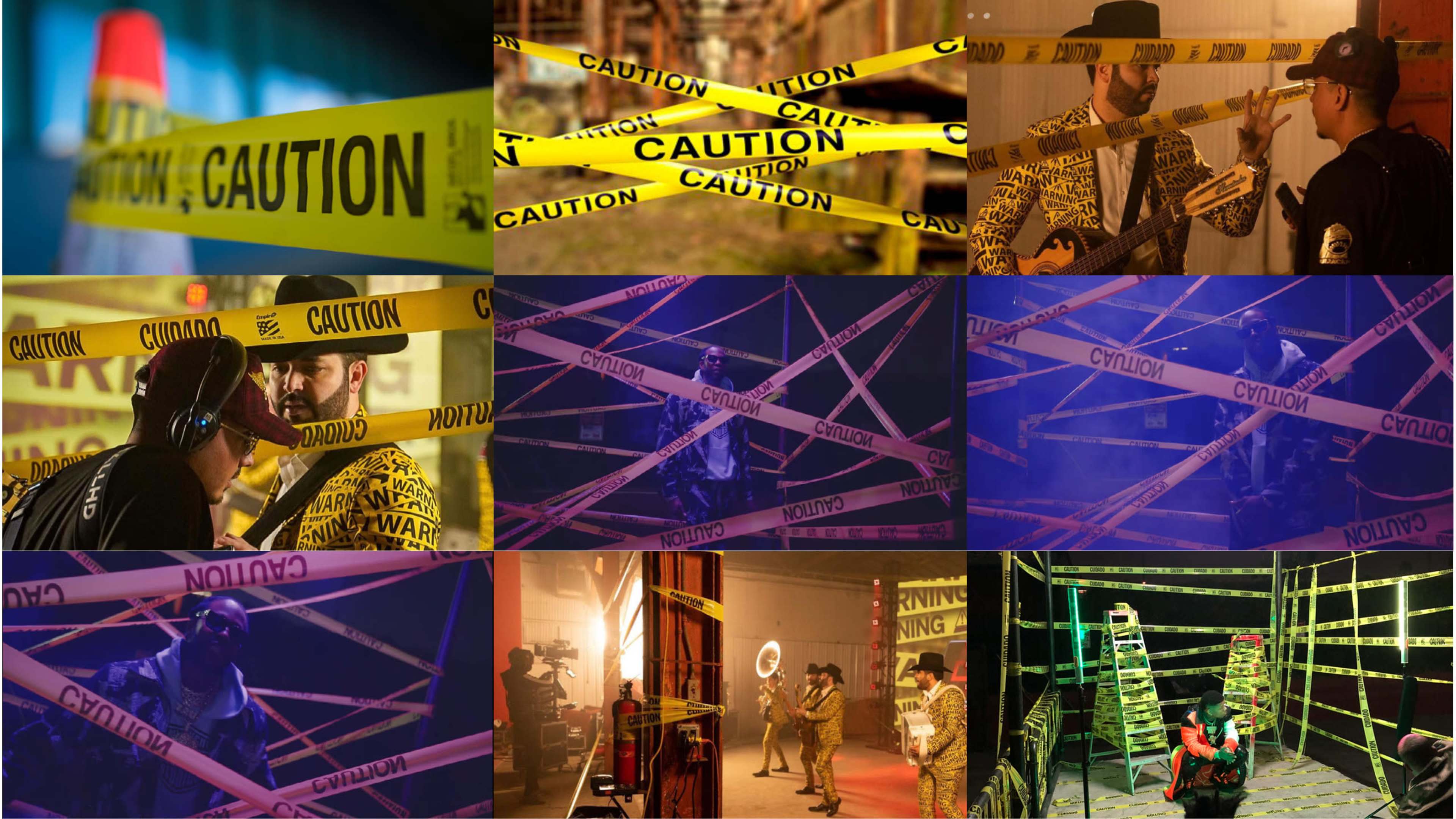 Various scenes featuring caution tape in several settings, including performers and musicians surrounded by the tape, all marked with warnings.