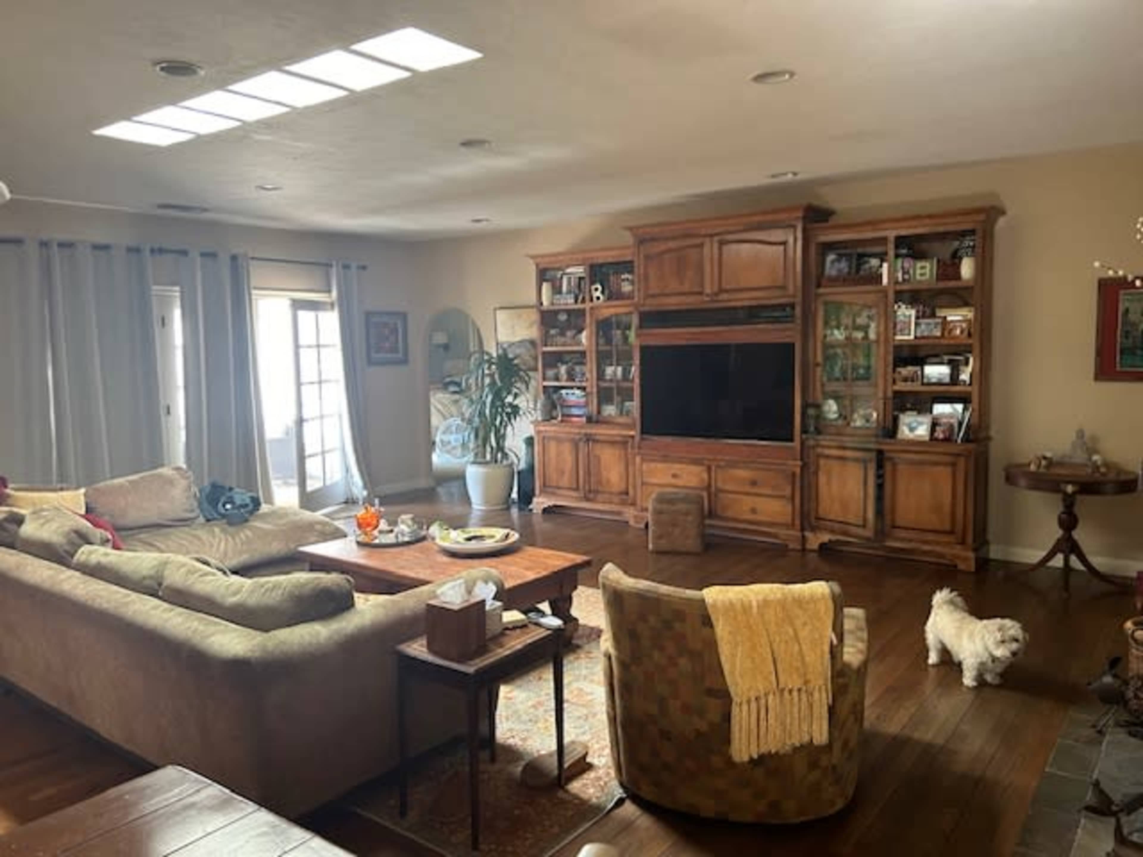 The living room features a large sectional sofa, a wooden entertainment center with a television, and a small dog on the floor, with natural light coming through the windows.