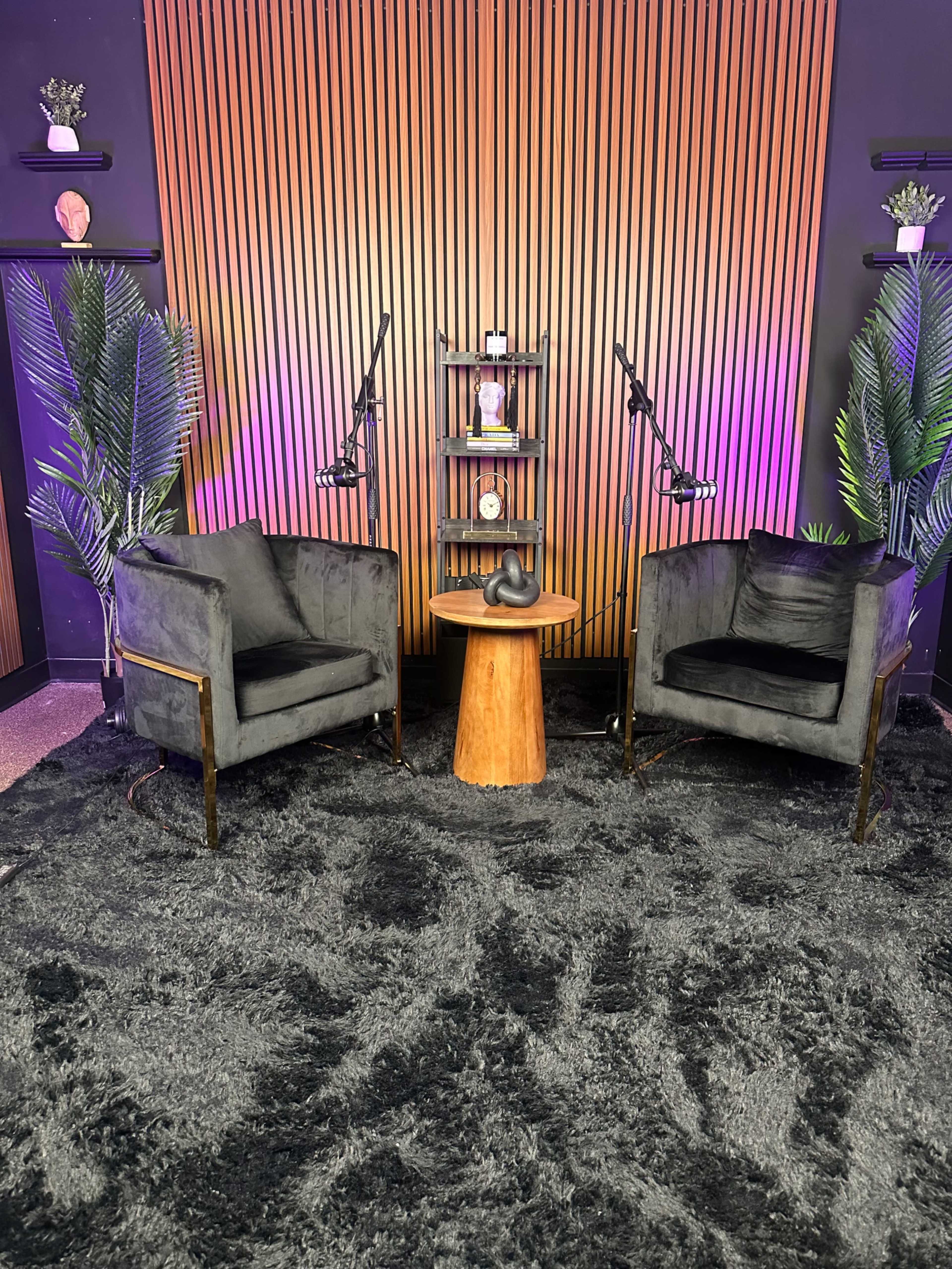 The image shows a modern seating area with two black chairs, a wooden side table, and a backdrop of vertical wooden slats, complemented by artificial plants and ambient lighting.
