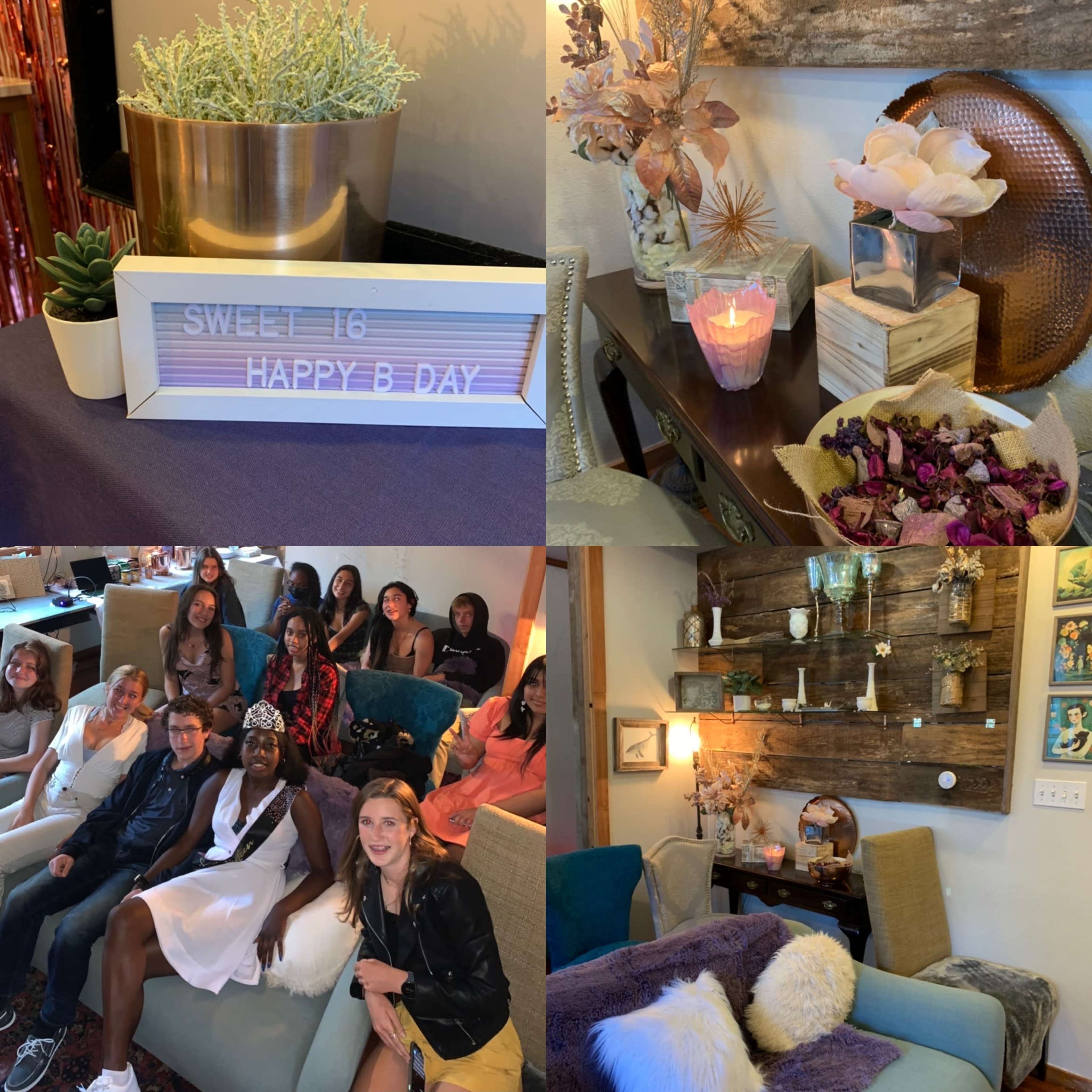 A decorated space for a Sweet 16 birthday party, featuring floral centerpieces, a birthday sign, and a group of friends sitting together.
