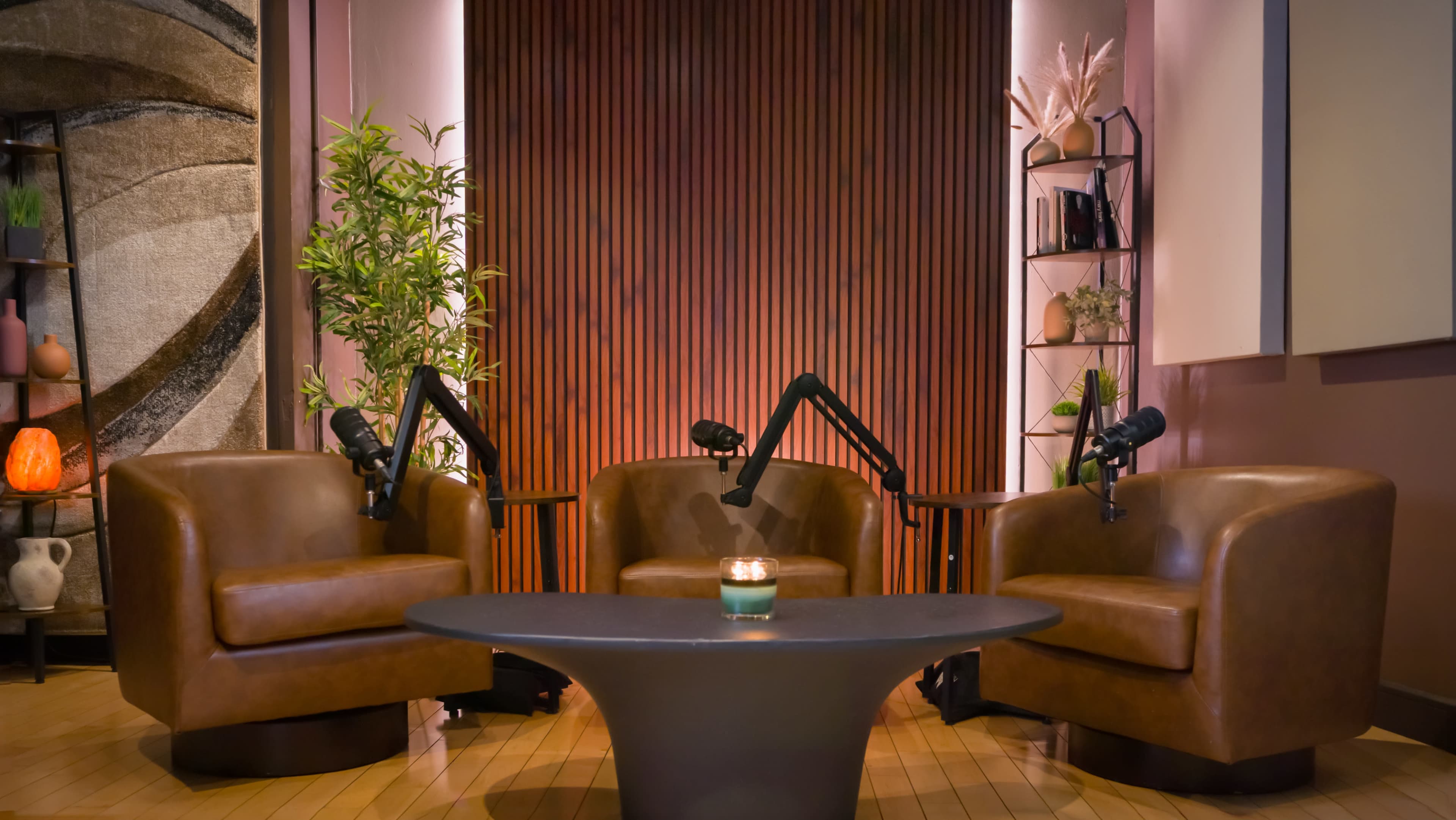 The image shows a cozy interview setup with two brown chairs, a round table, and a backdrop of wood paneling and plants, accompanied by microphones on each chair.