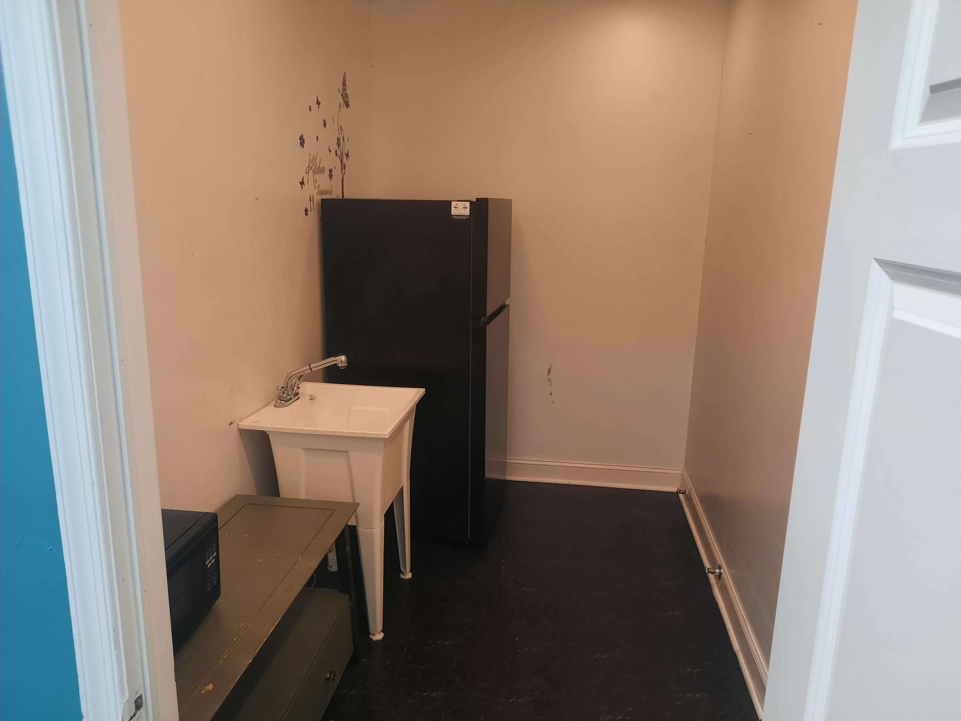 A small, empty room containing a black refrigerator, a white sink, and a green shelf against the wall.