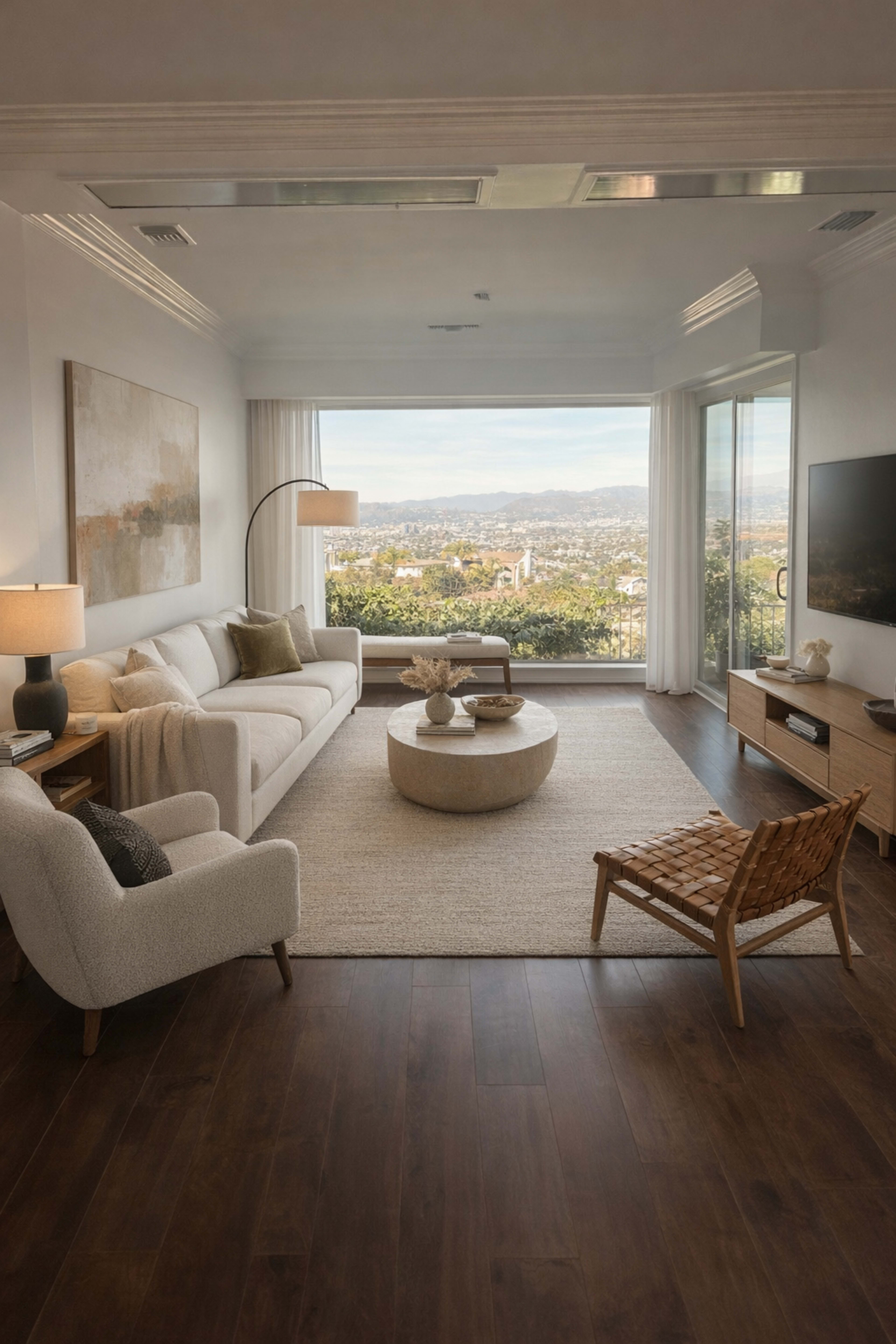 A modern living room features a white couch, a round coffee table, and a large window with a view of a city skyline.