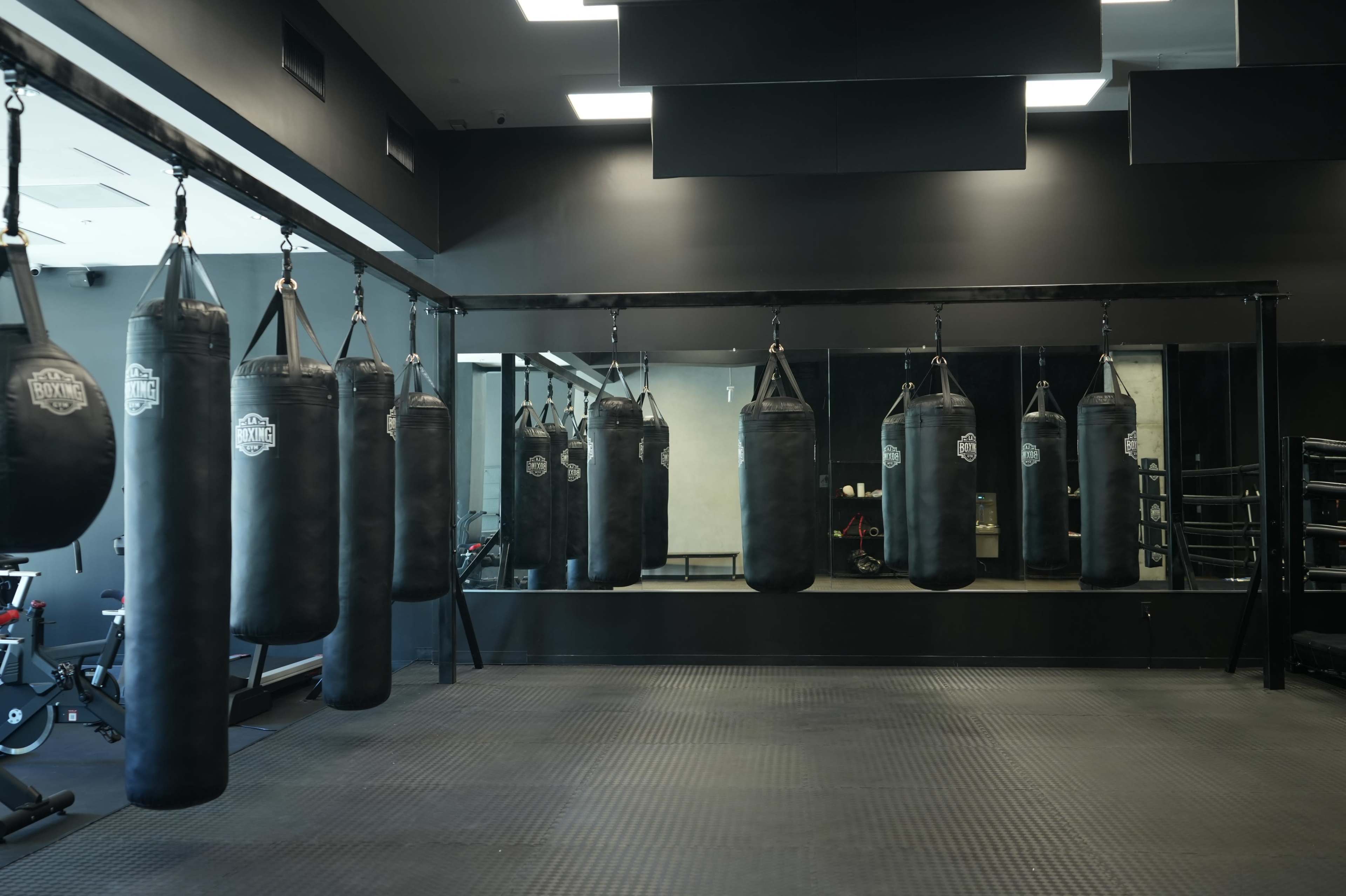 The image shows a boxing gym with multiple black punching bags hanging from a structure, reflected in a mirror on the opposite wall.