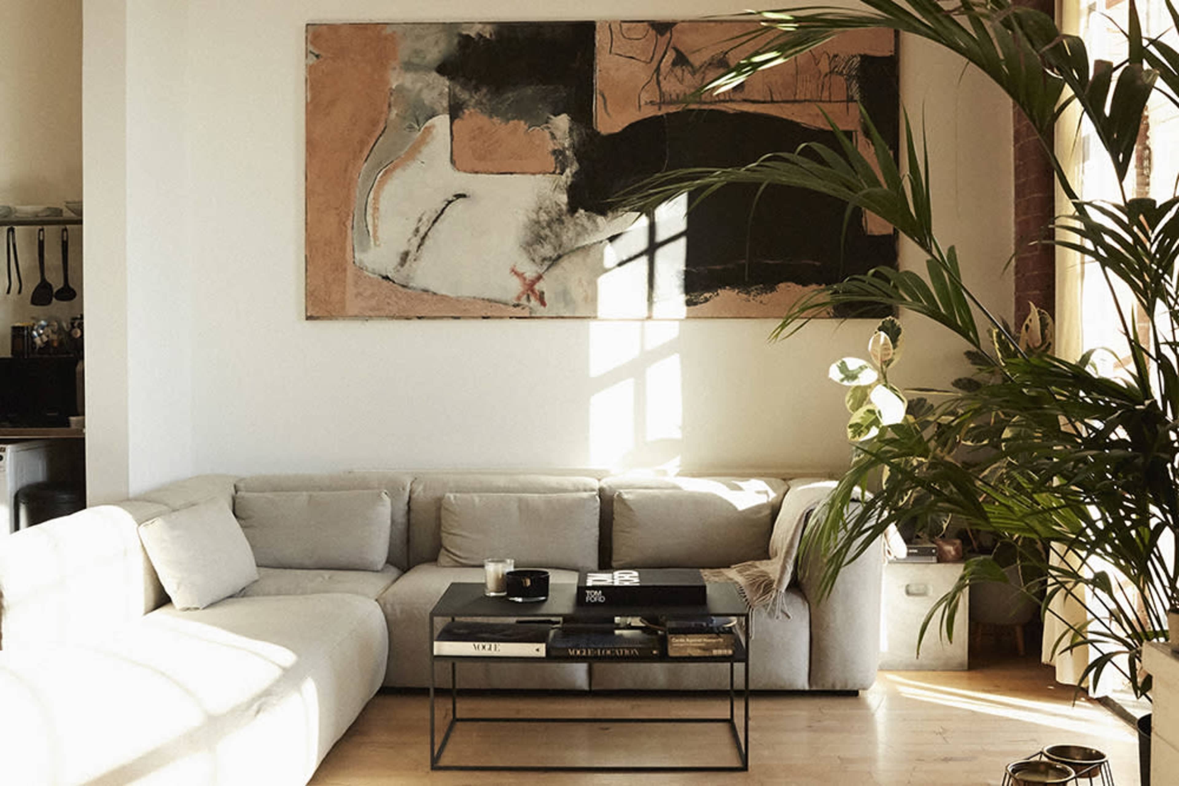 A light-filled living room features a large abstract painting above a gray sectional sofa, complemented by a coffee table and a tall indoor plant.