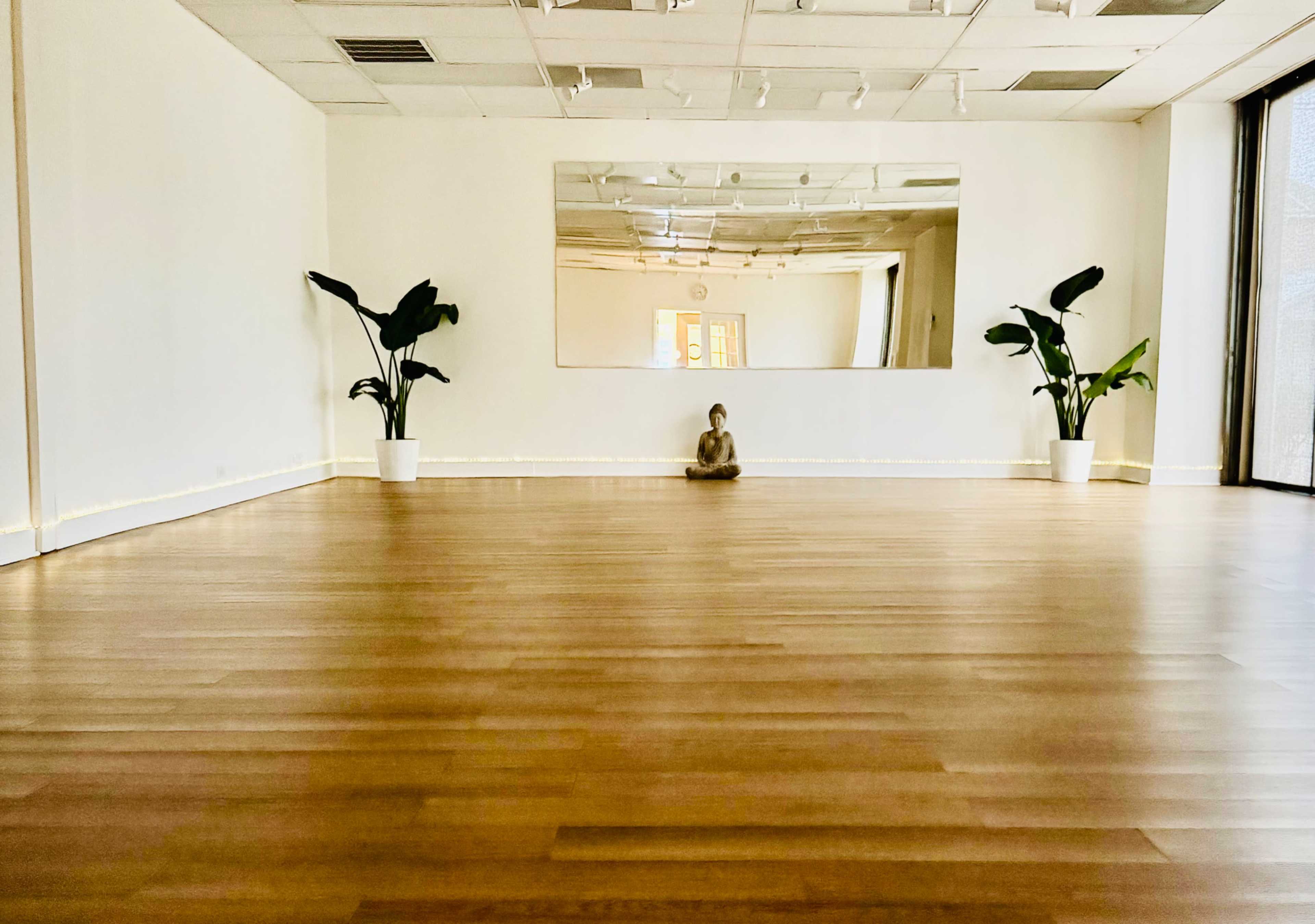A meditation space features a wooden floor, two potted plants on either side, and a mirrored wall reflecting a seated statue.
