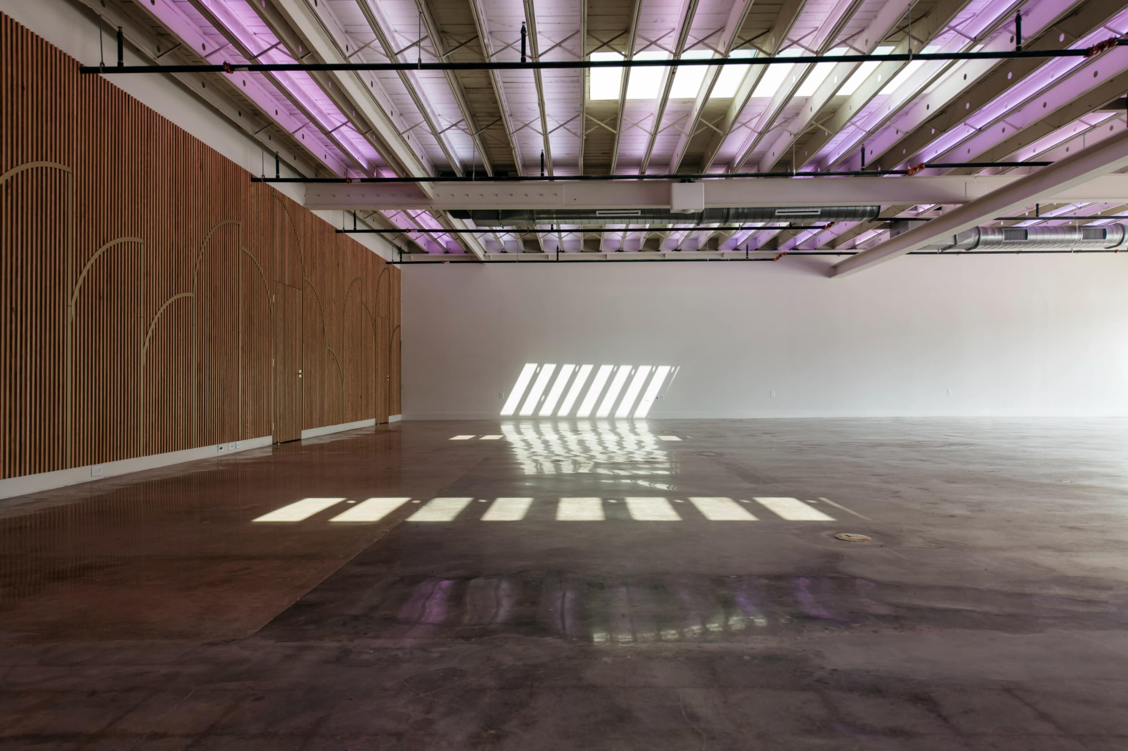 A minimalist interior features polished concrete floors, wooden wall paneling, and light streaming in through a window, creating distinct shadow patterns.