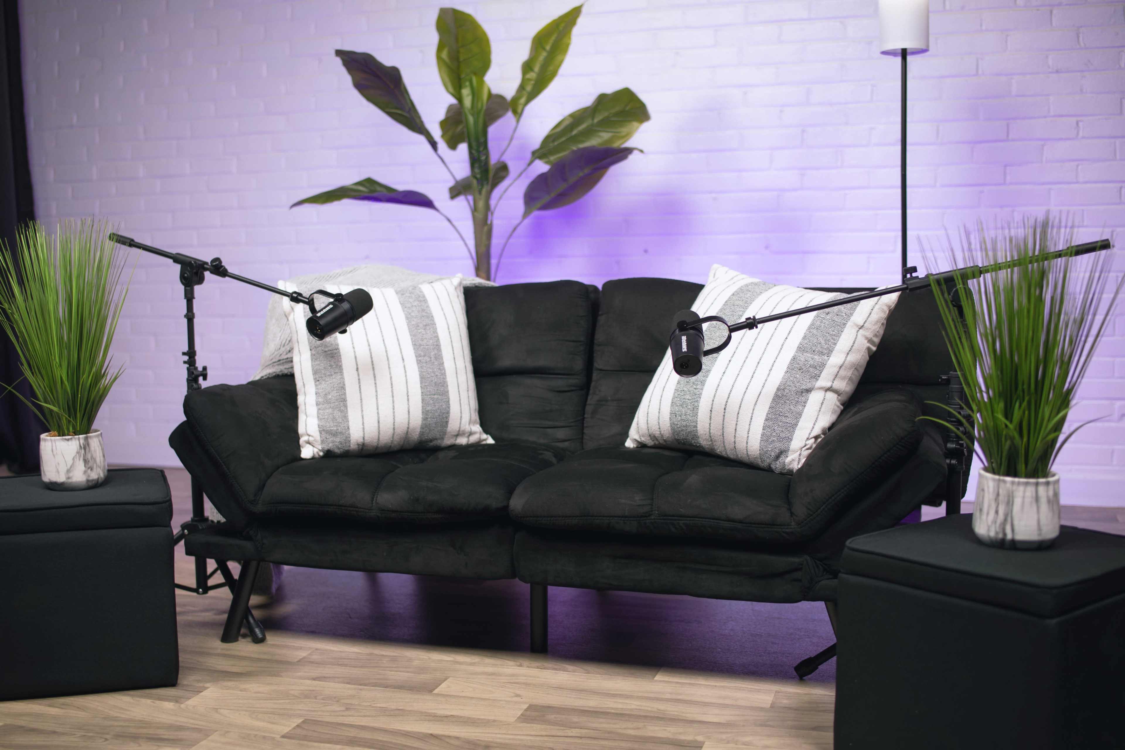A black sofa is positioned in a well-lit room, adorned with decorative pillows, and flanked by small potted plants and microphones on adjustable stands.