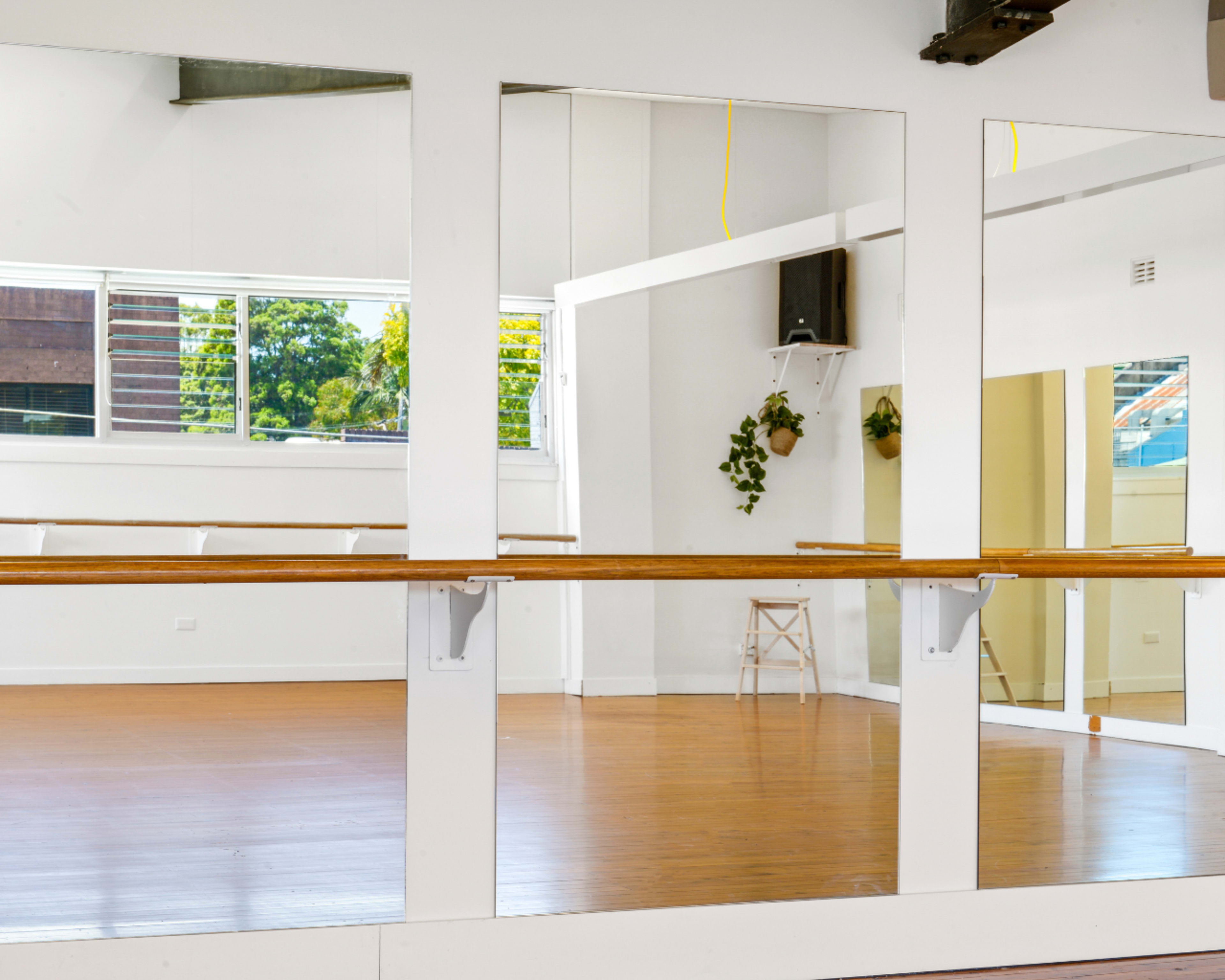 The image shows a bright dance studio with large mirrors, wooden flooring, and a view of greenery outside through the windows.