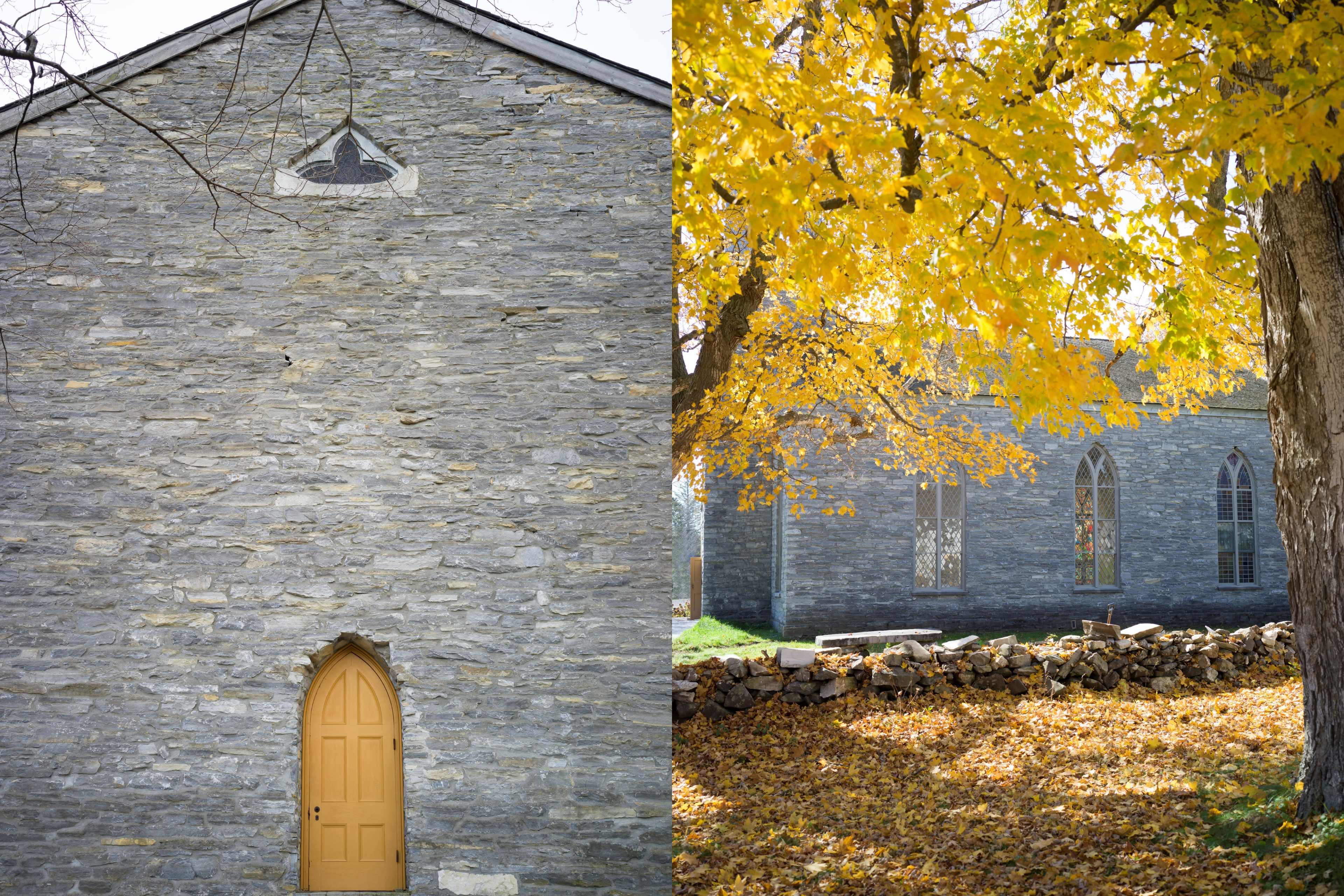 A stone building with a yellow door on one side and a view of the same structure surrounded by autumn foliage on the other.