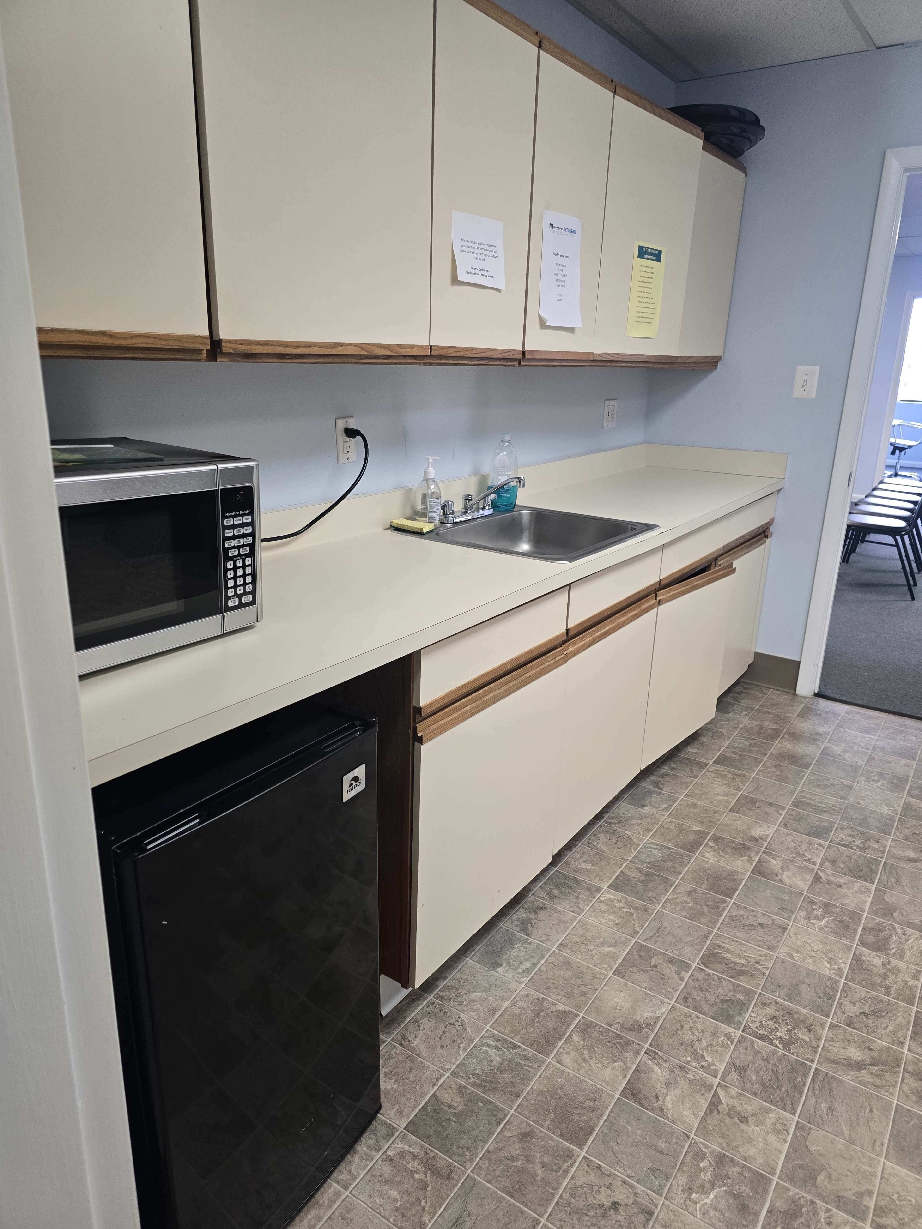 The image shows a kitchen area with a sink, a microwave on the counter, and a small black refrigerator underneath.