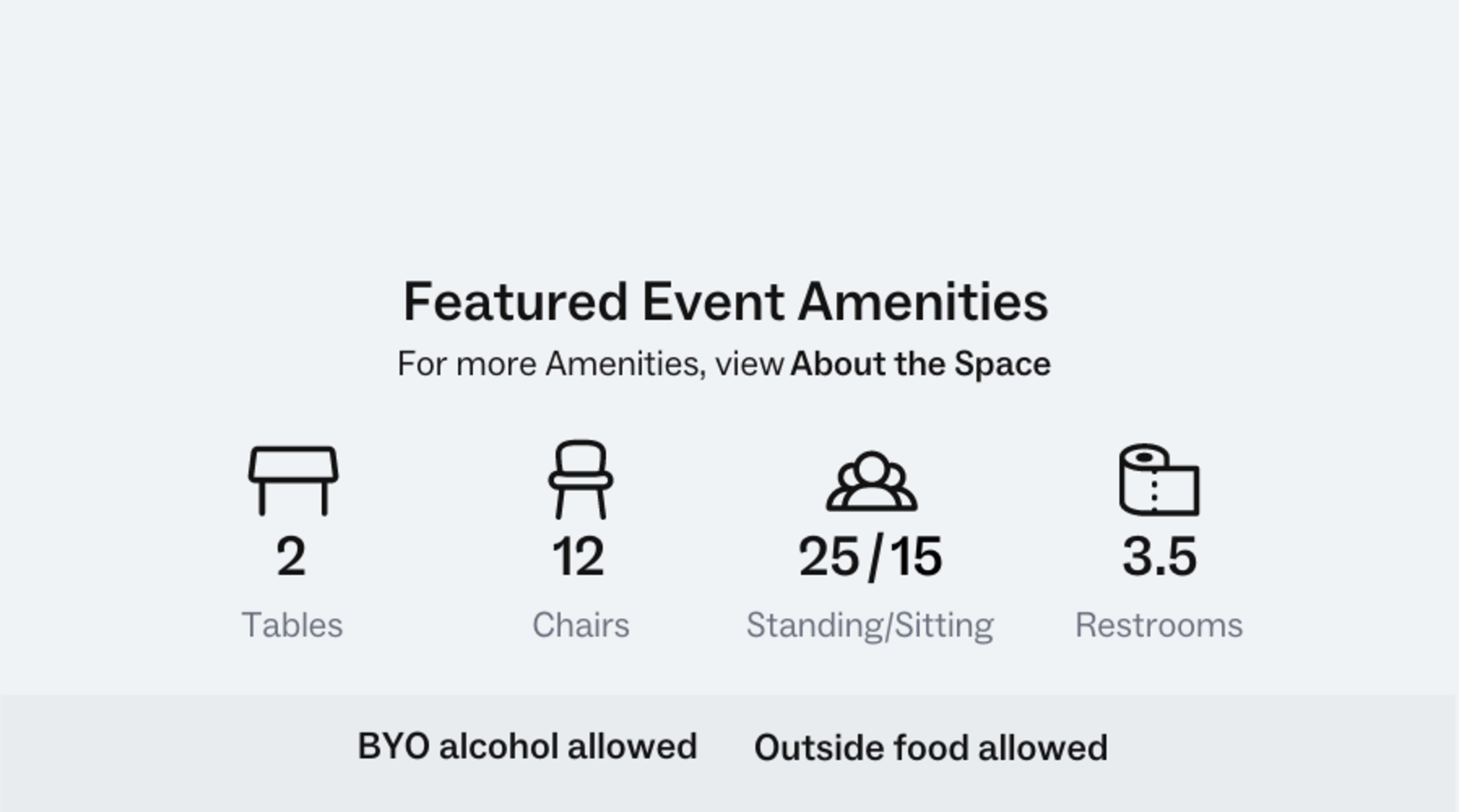 A list of featured event amenities, including the number of tables, chairs, standing/sitting capacity, restrooms, and policies on alcohol and outside food.