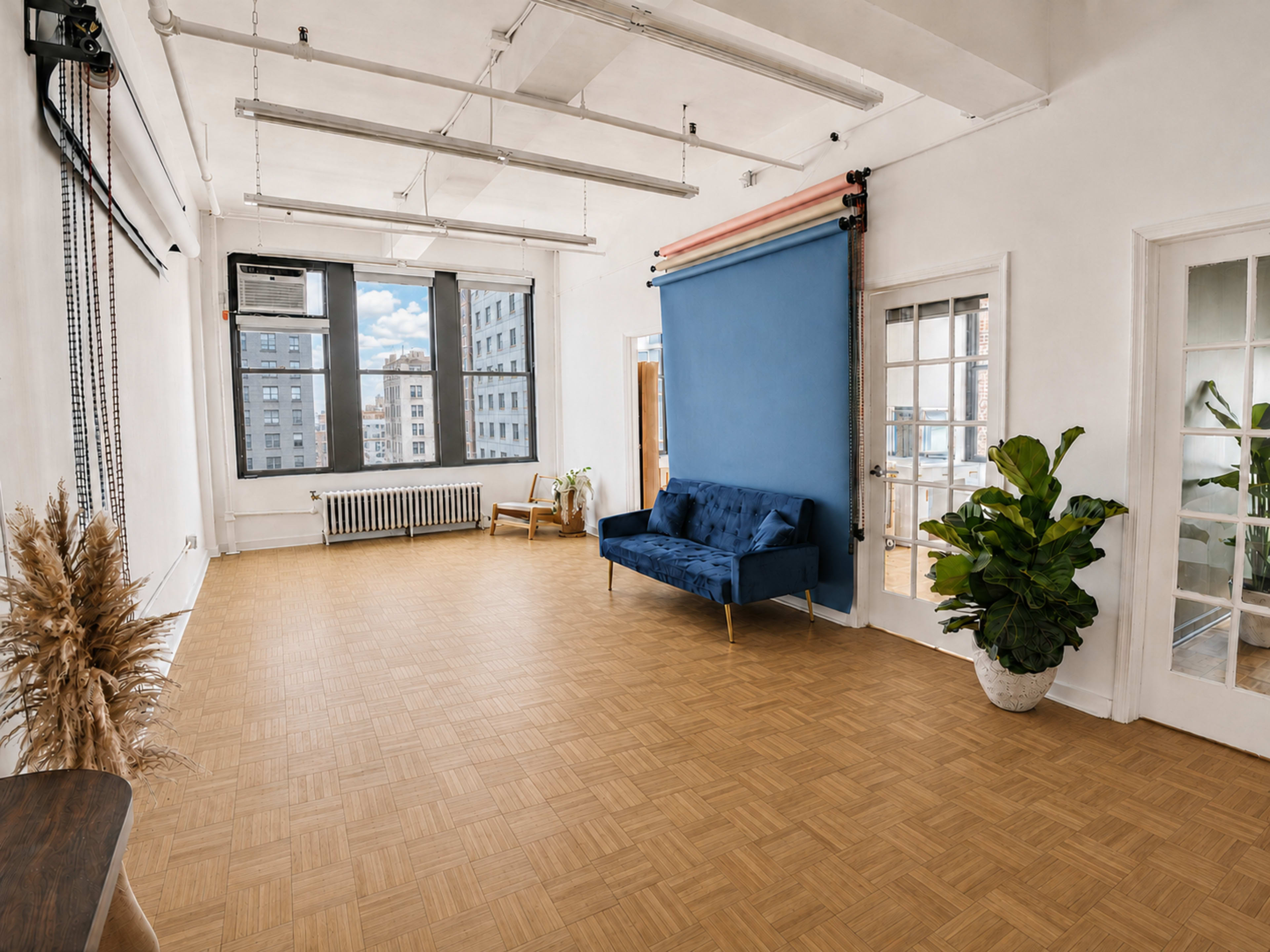 The image shows a bright, spacious room with a wood floor, a blue couch, large windows, and indoor plants.