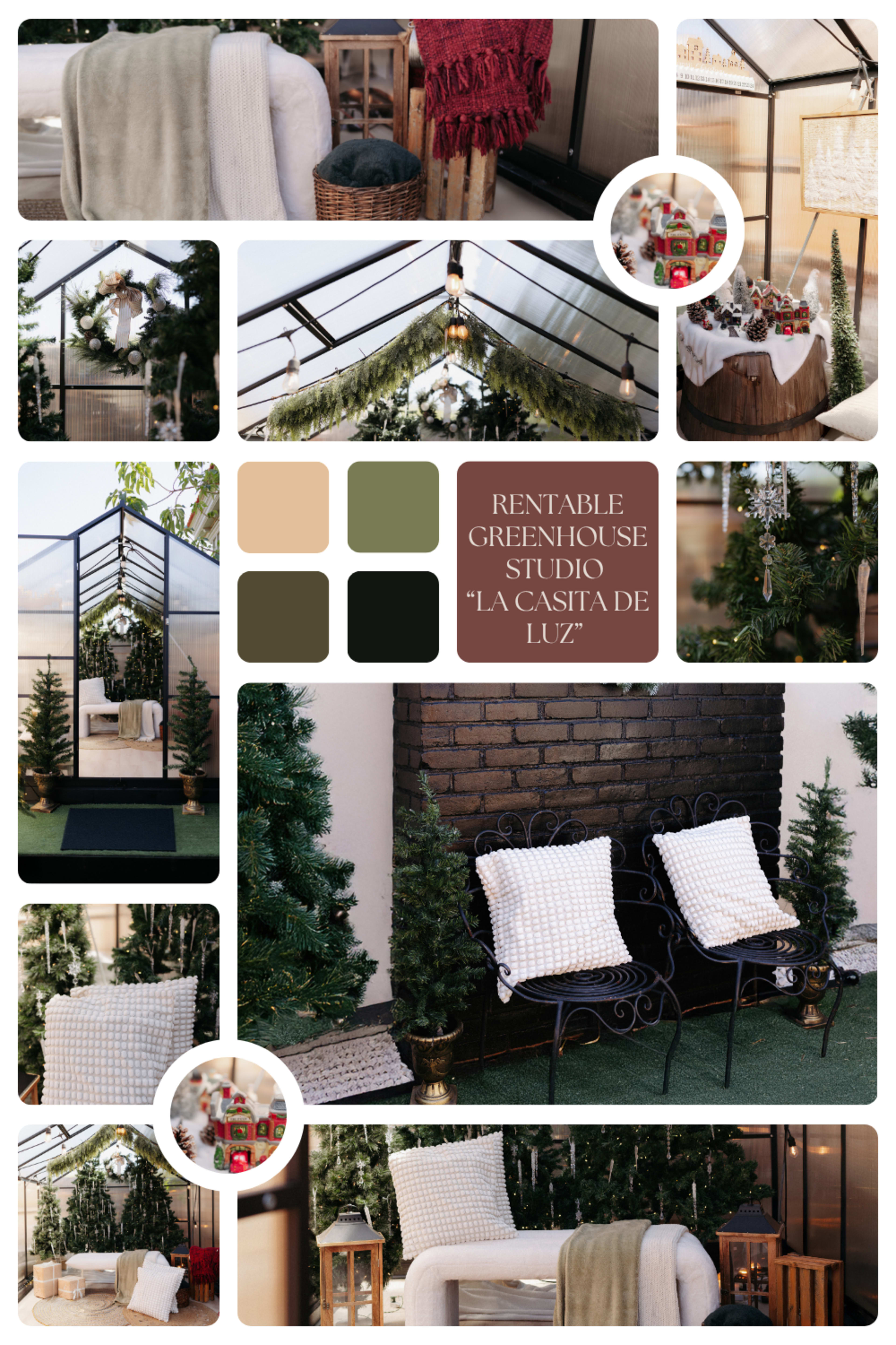 The image showcases a beautifully decorated greenhouse studio featuring greenery, cozy seating, and festive decor arranged in a harmonious layout.