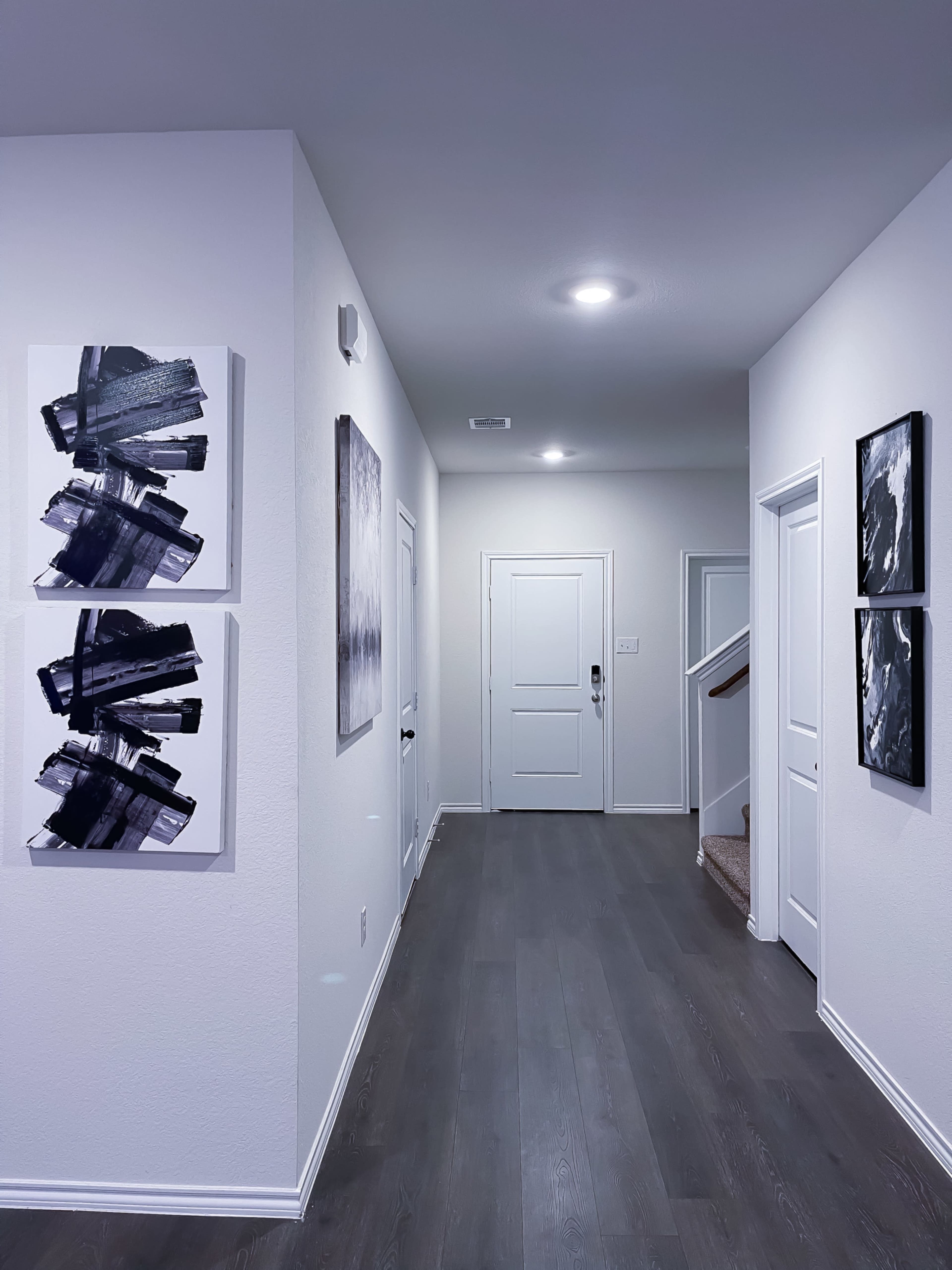 A modern hallway with white walls, wood flooring, and several framed artworks on the walls, leading to a door at the end.