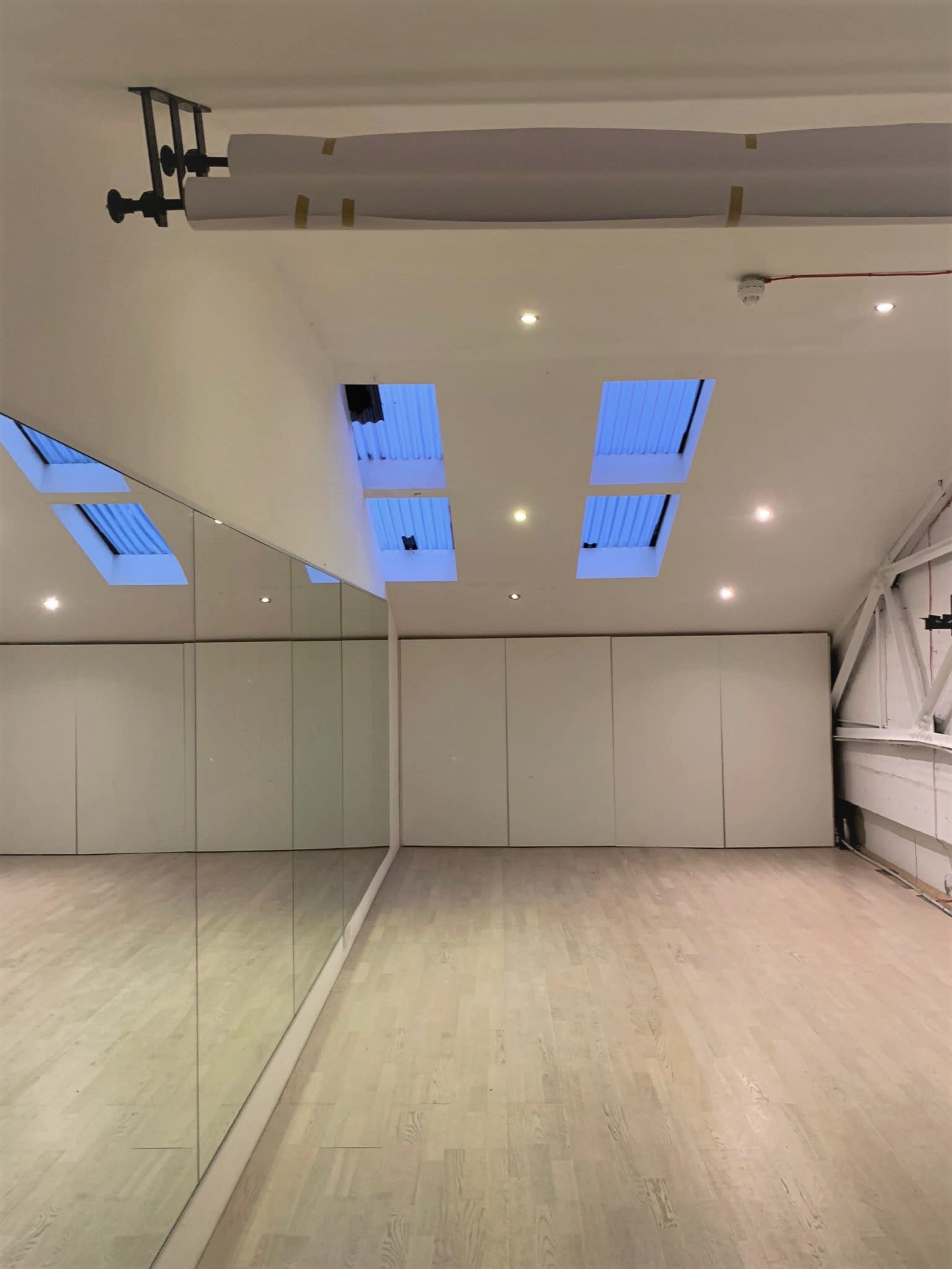An empty room with wooden flooring, a large mirror on one wall, and skylights above providing natural light.