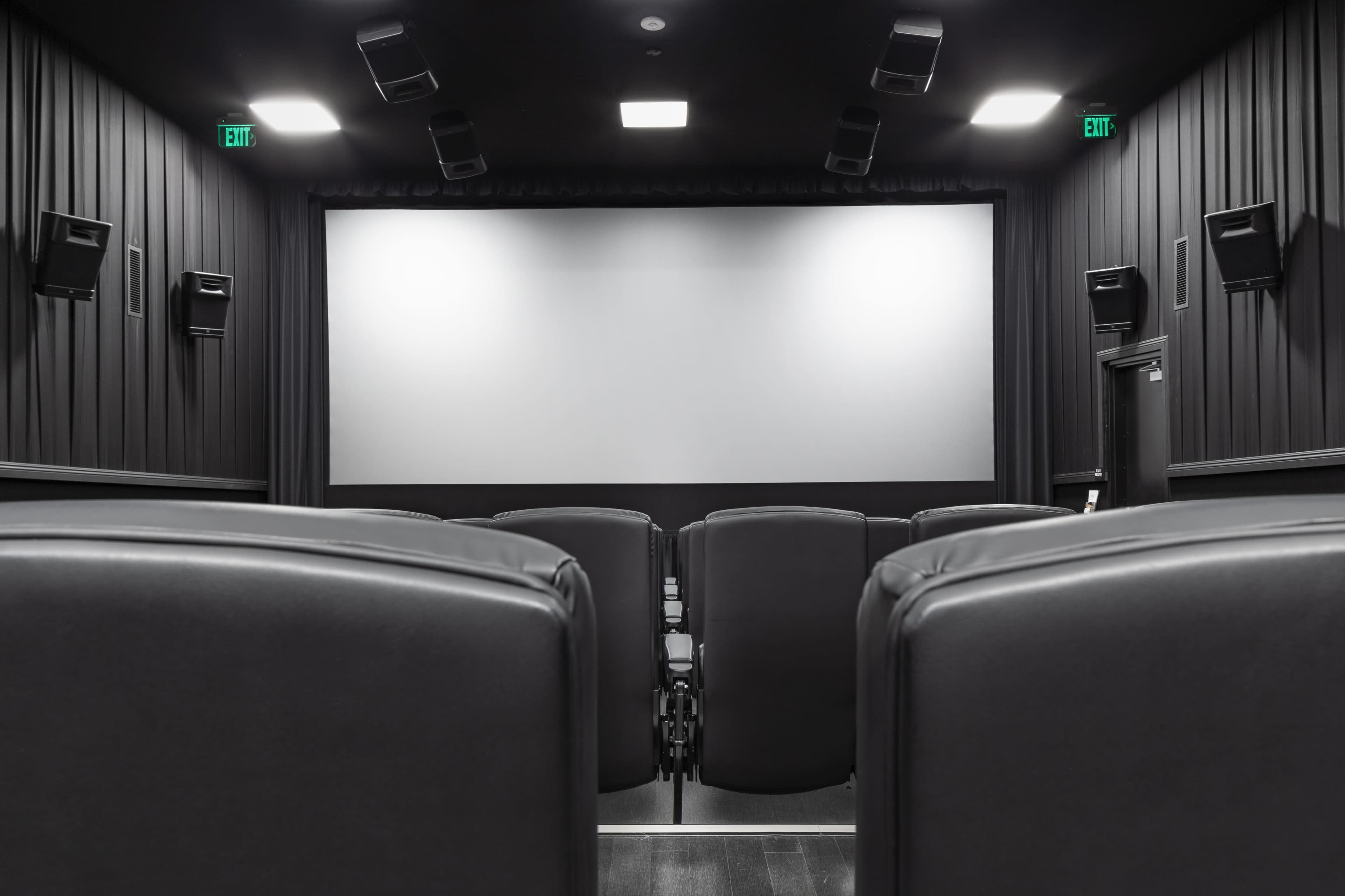 The image shows a dark, modern movie theater with black seating arranged in front of a large, blank projection screen.