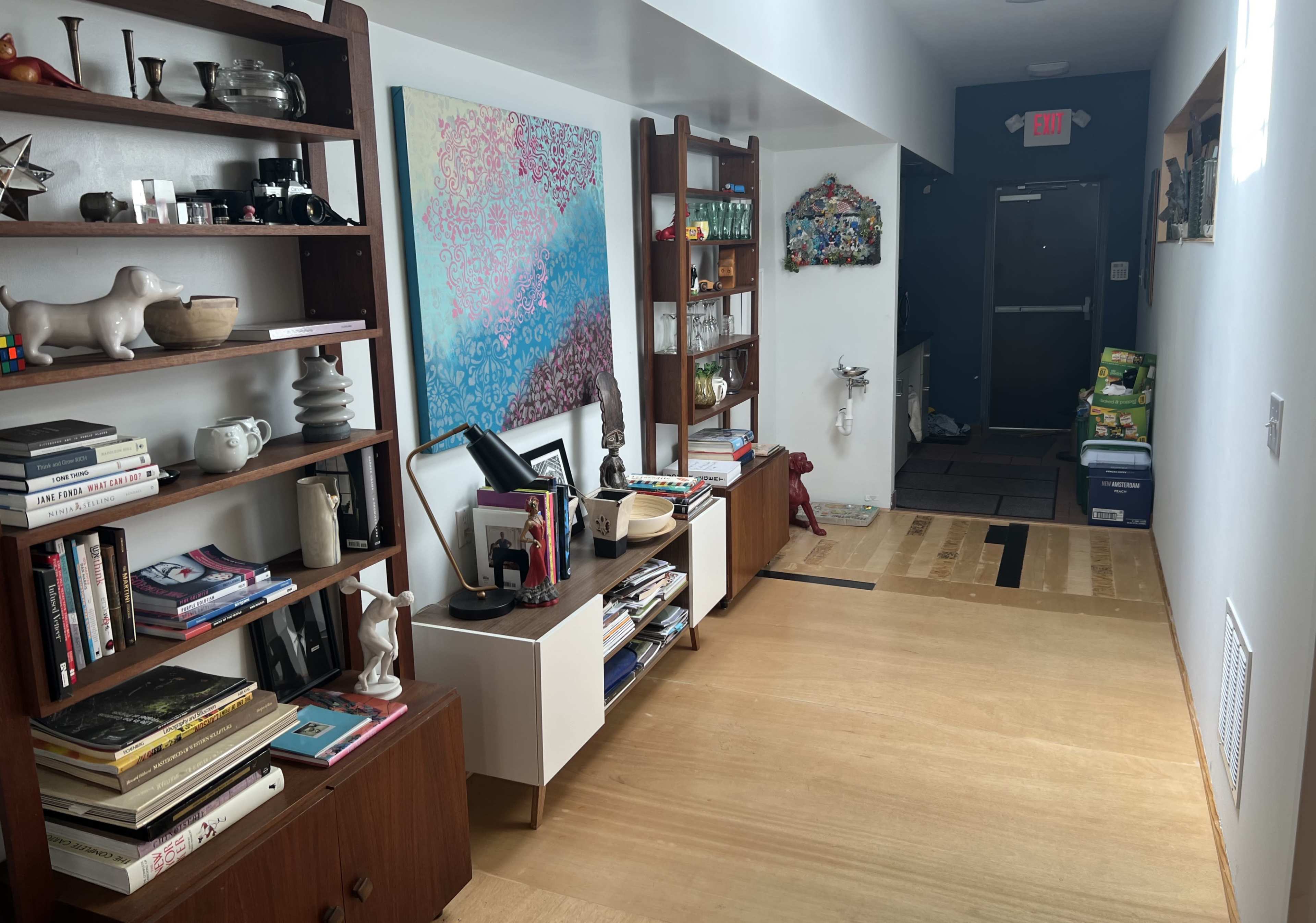 A hallway featuring bookshelves filled with various items, a colorful artwork on the wall, and a door at the end leading to another room.