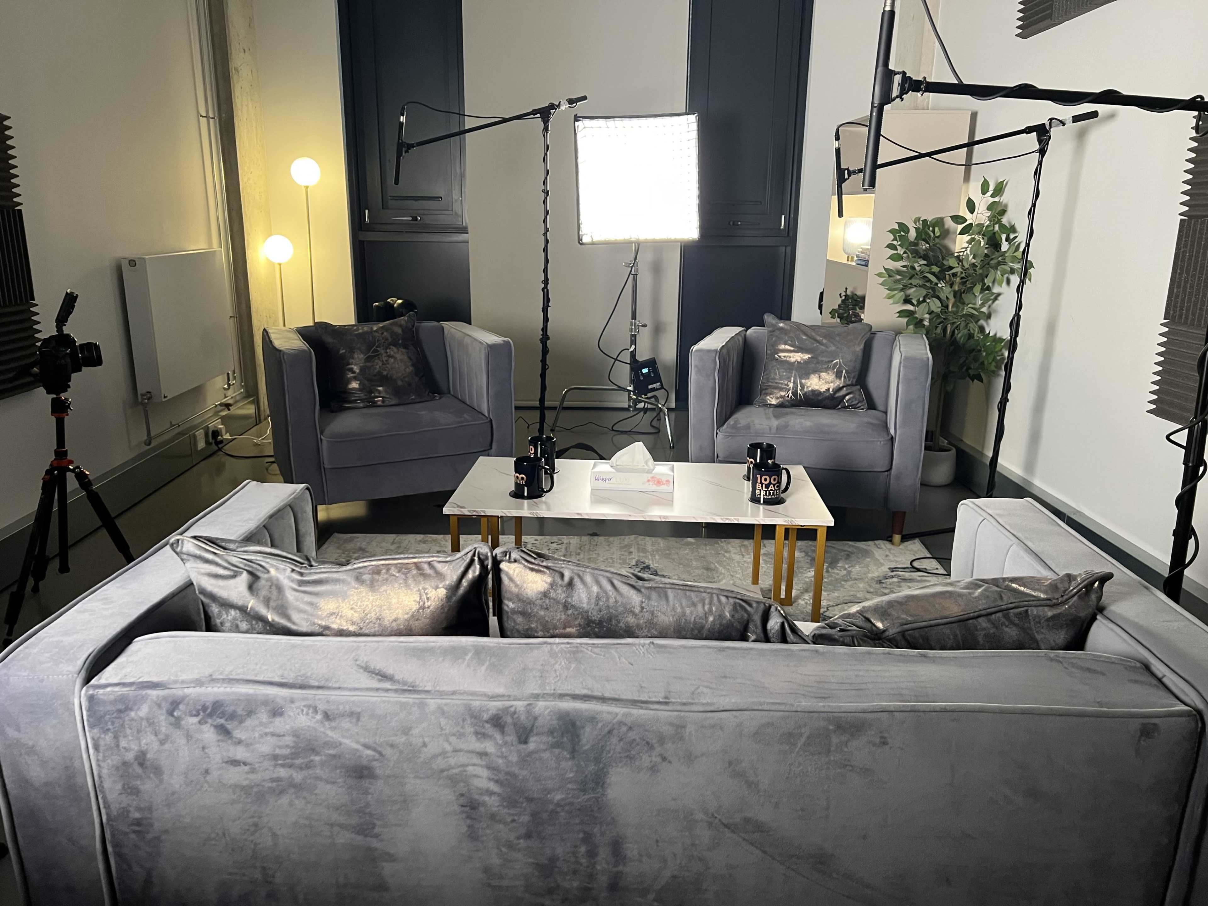 A cozy interview setup with two armchairs facing a small coffee table, surrounded by studio lighting and a potted plant.