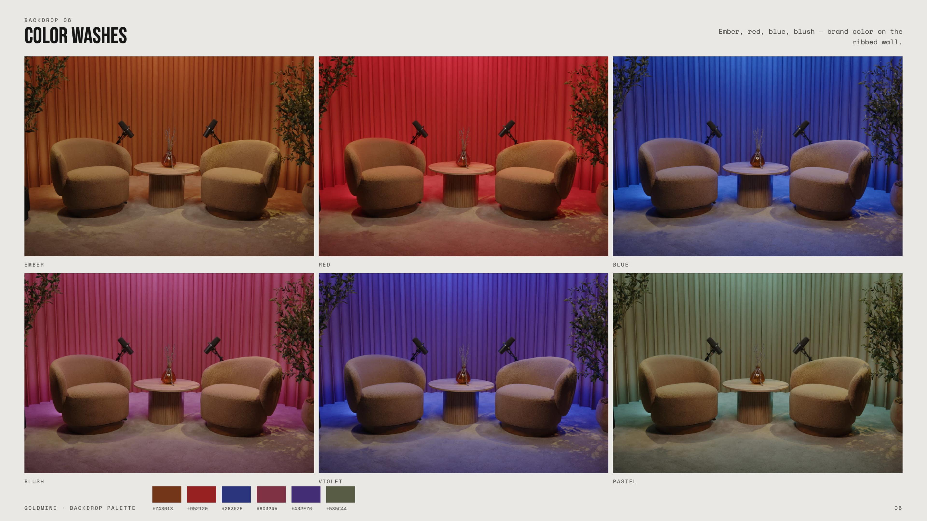 The image displays six variations of a color-washed backdrop featuring two round chairs and a small table with a lamp, set against different colored backgrounds.