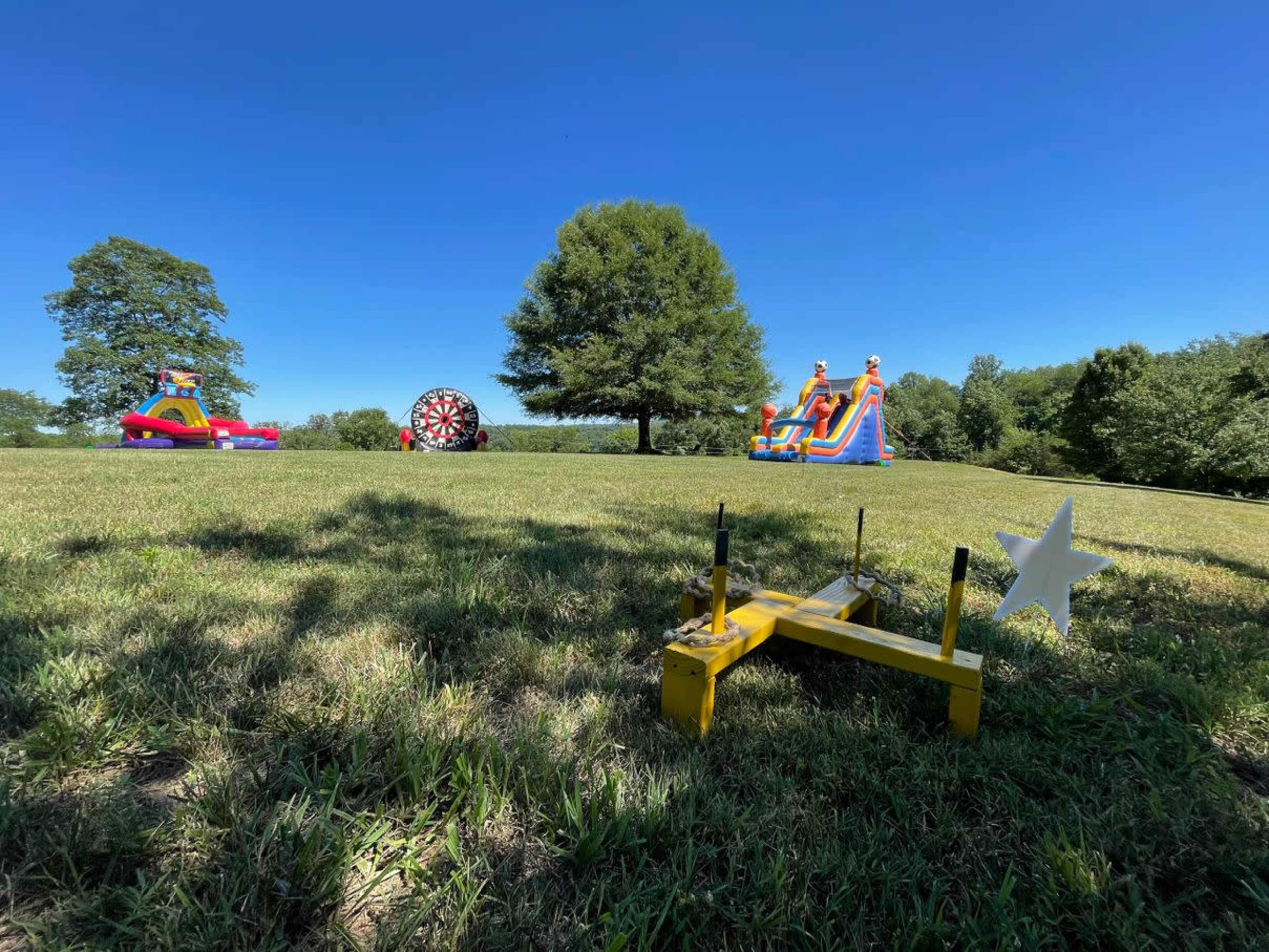 The image shows a grassy field with inflatable attractions, including a slide and a bounce house, along with a ferris wheel in the background under a clear blue sky.