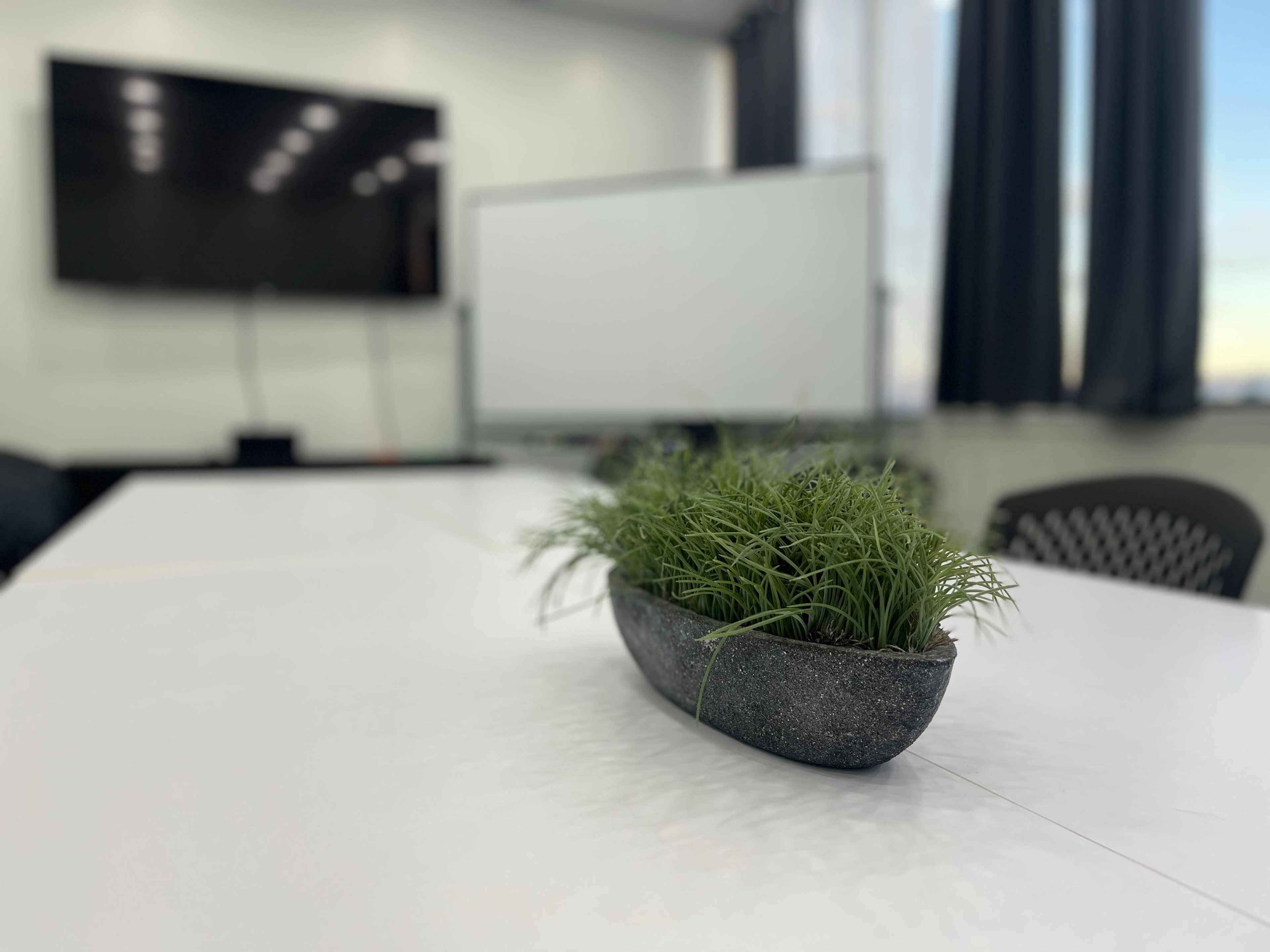 A faux plant in a stone container is centered on a white table in a conference room with a large screen and dark curtains in the background.