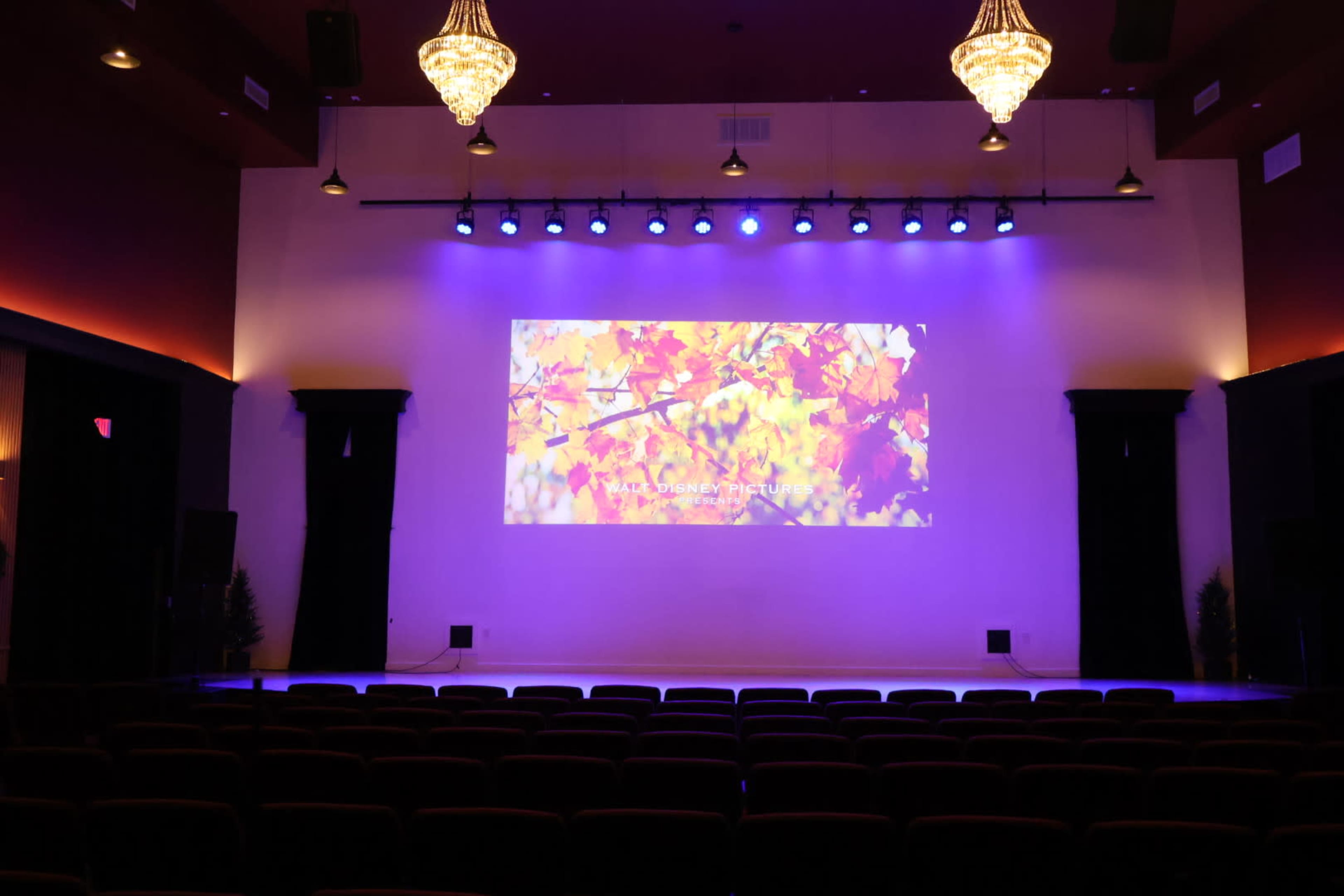 The image shows a theater stage with a large screen displaying a colorful nature scene and rows of red seats in the foreground.