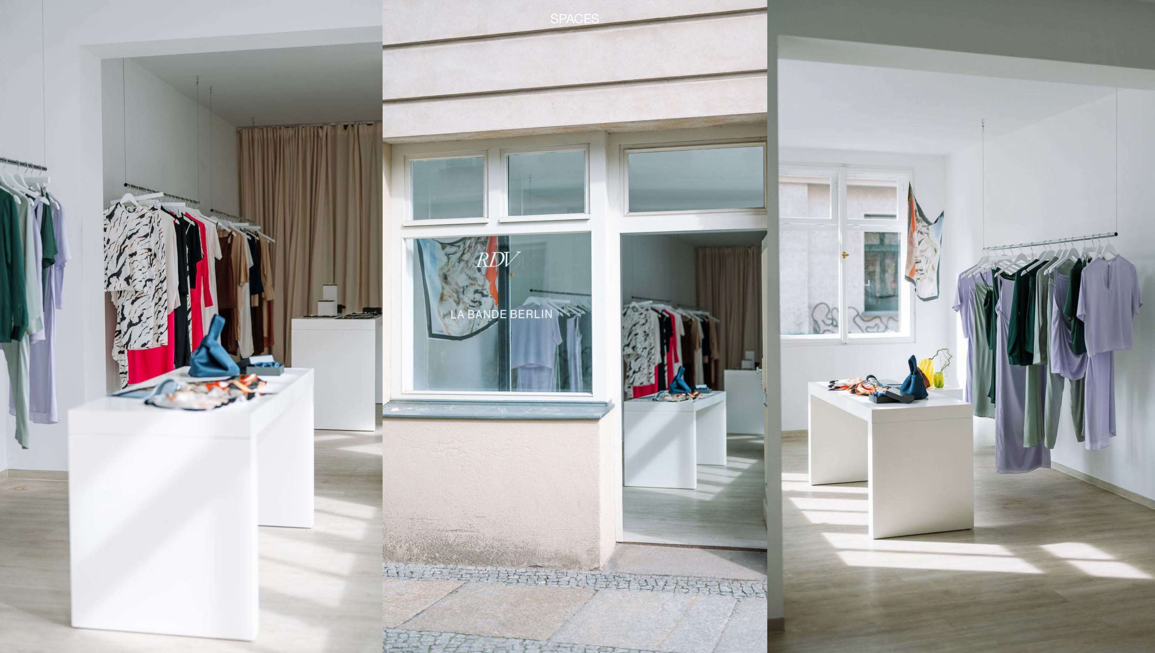 The image shows an abstract view of a clothing store with racks displaying various garments and a large window facing the street.