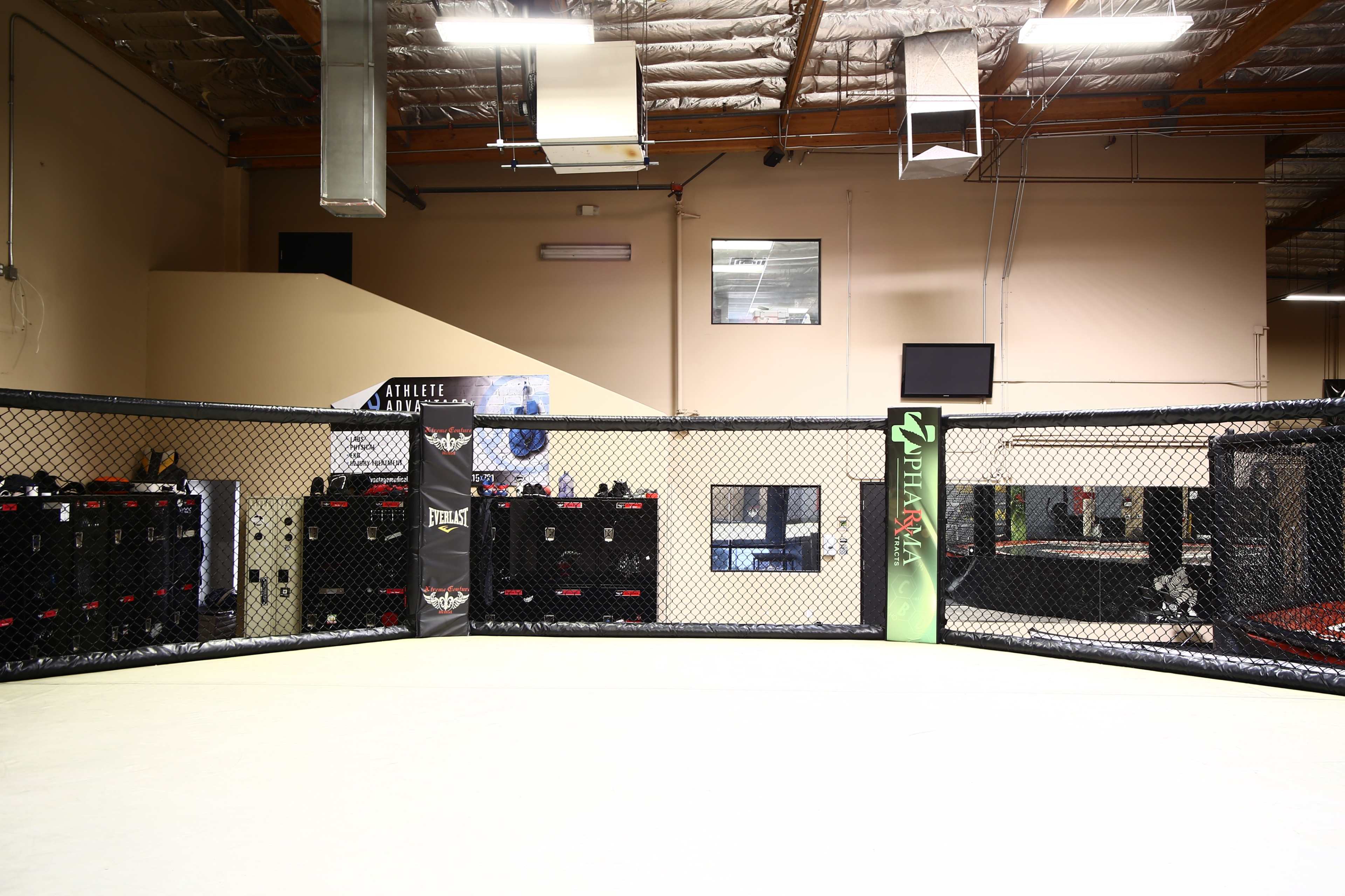 An empty training area enclosed by a padded fence, with exercise equipment and storage units visible in the background.
