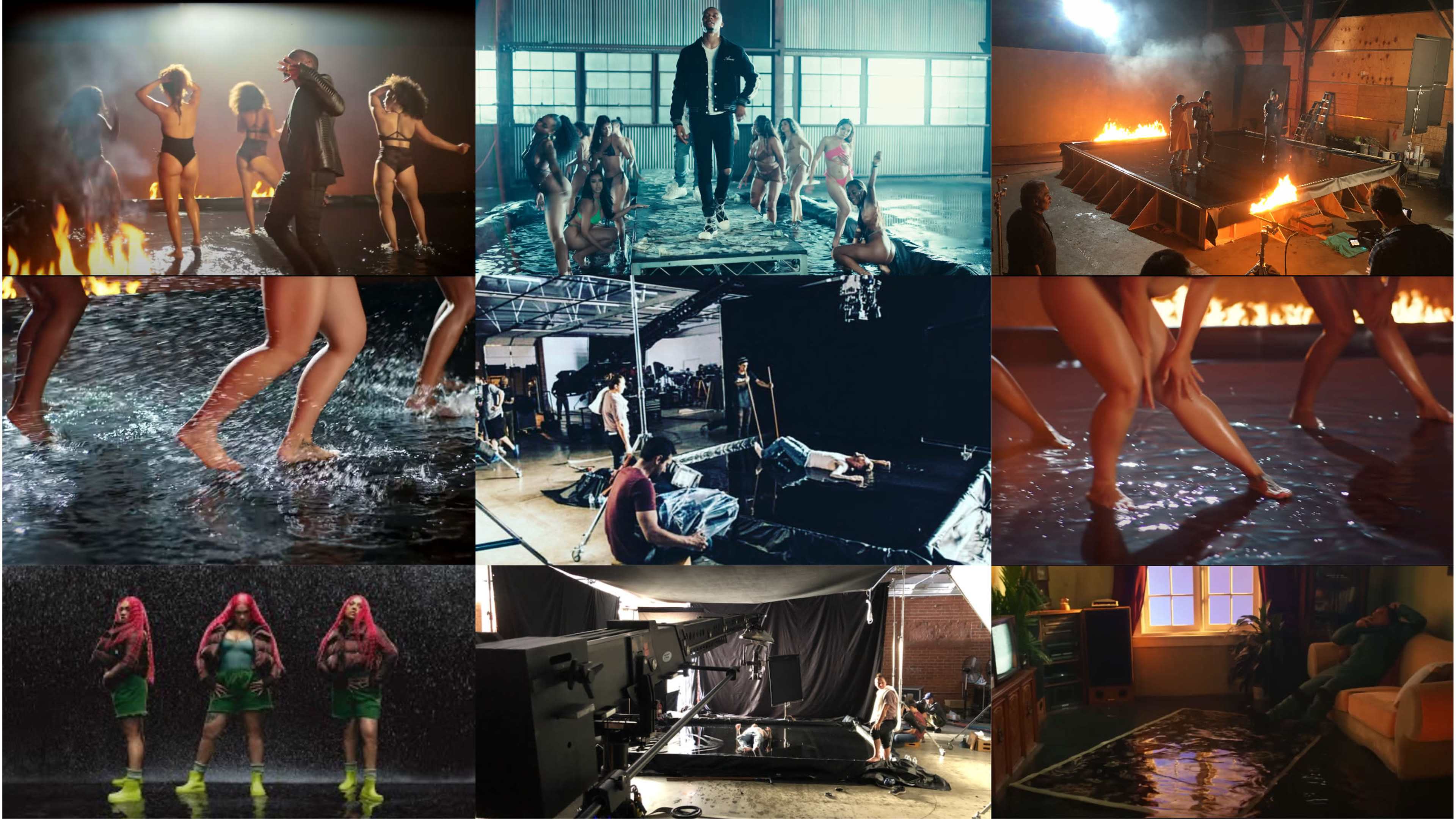 A collage depicts various scenes from a music video shoot, featuring performers dancing, water effects, and a set with flames and behind-the-scenes activity.