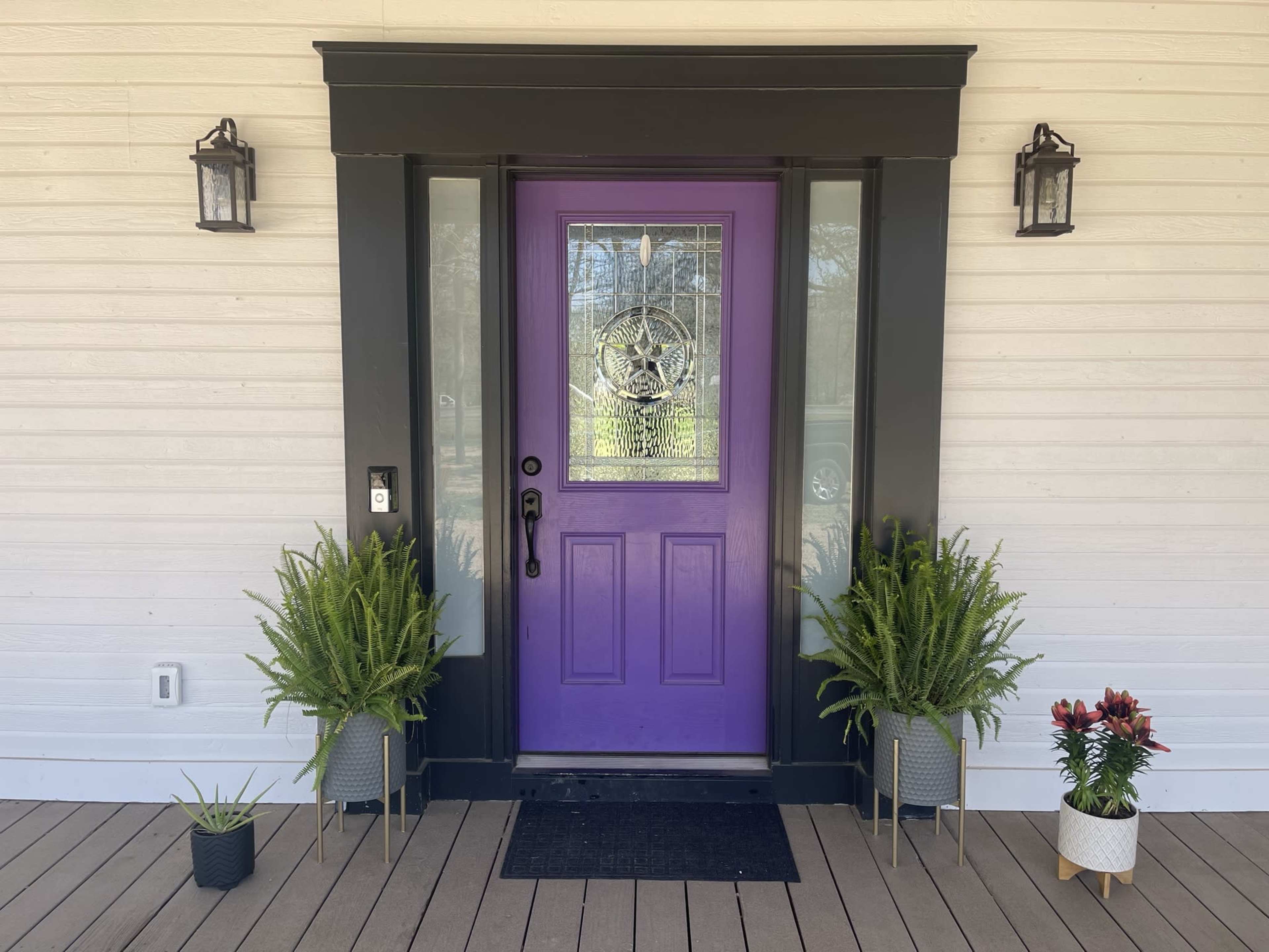 The entrance features a purple front door with a stained glass design, flanked by potted plants on either side.