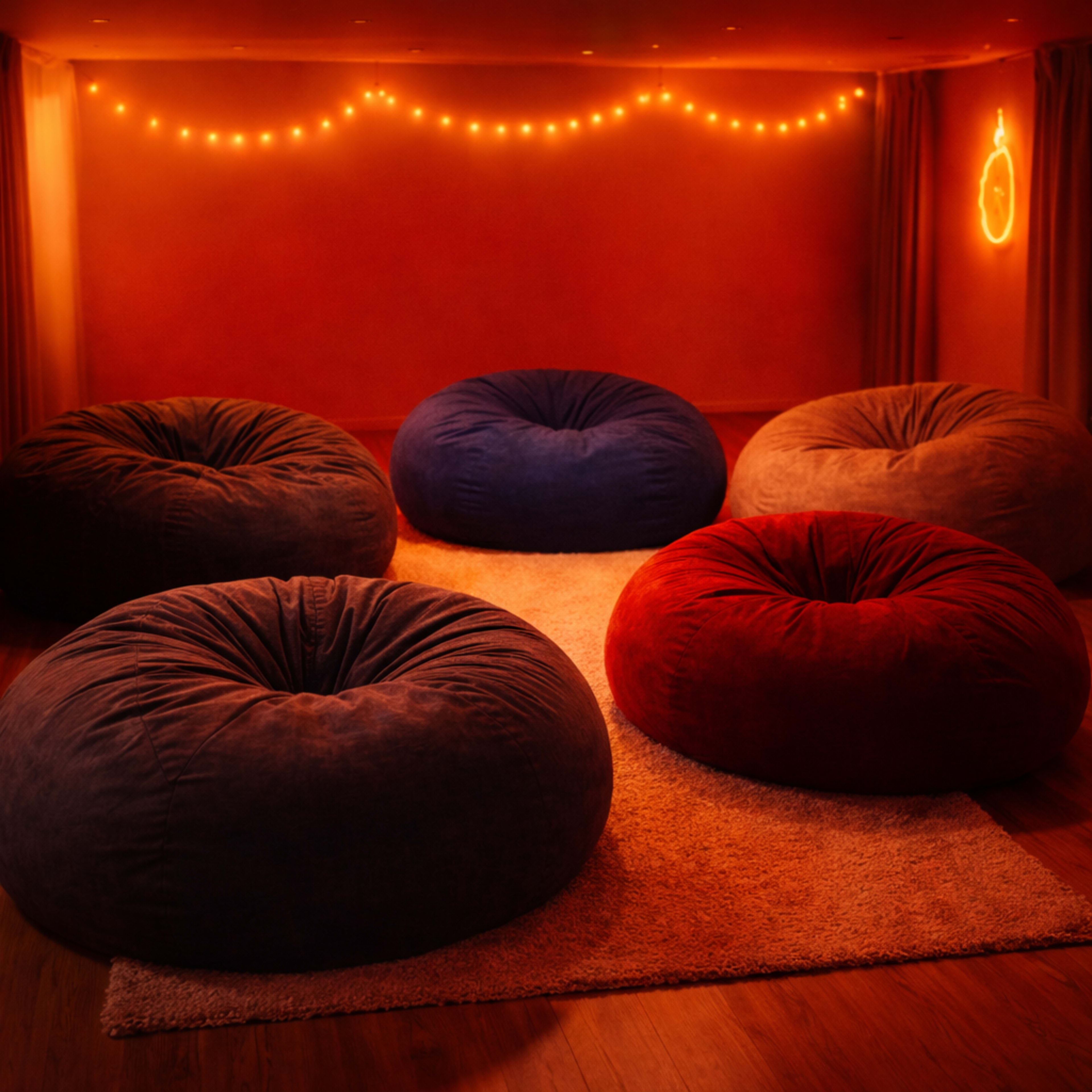 A cozy room features five large bean bag chairs in various colors arranged around a circular area rug, with soft string lights illuminating the space.