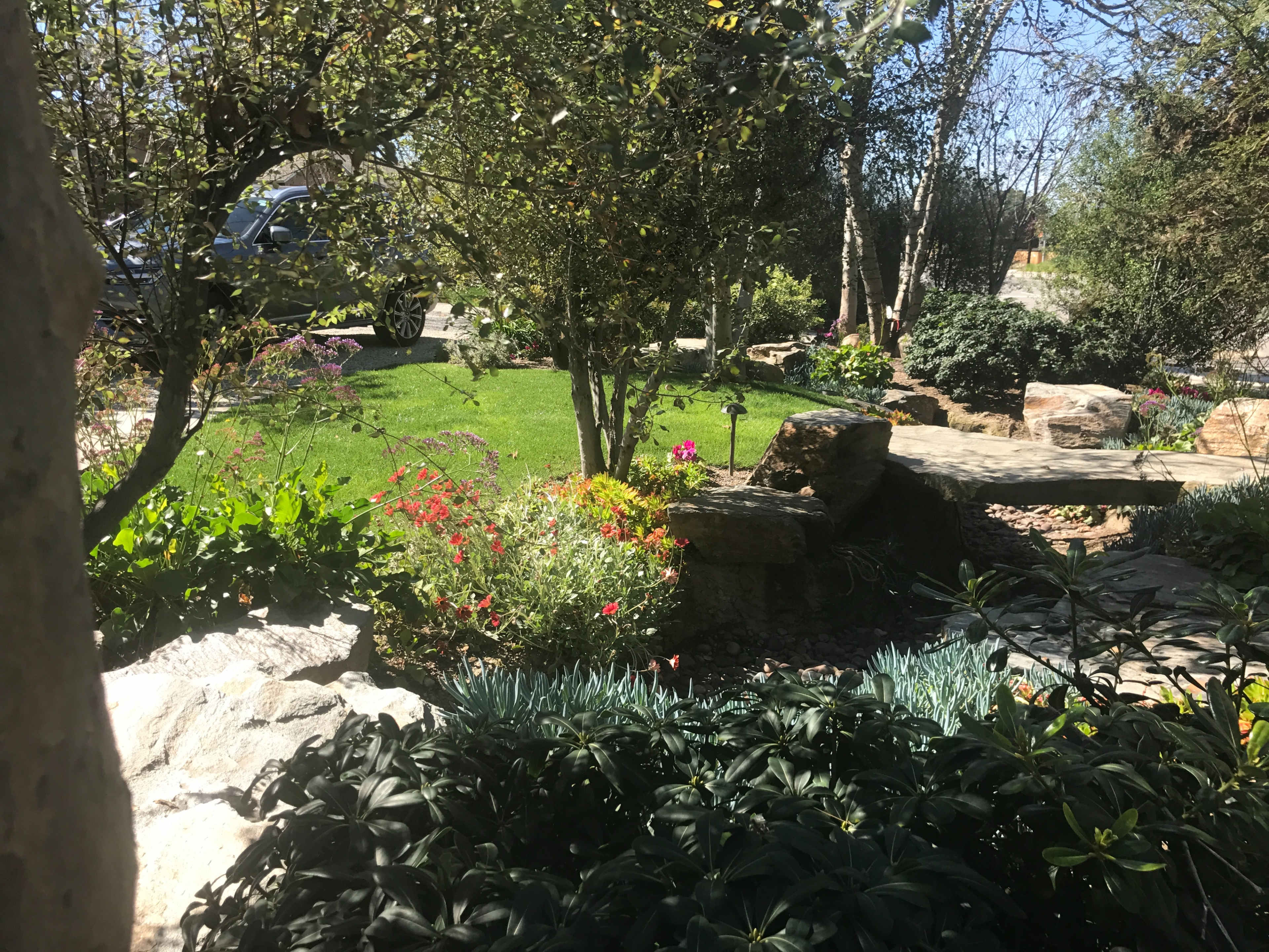 A well-kept garden features a variety of plants, flowers, and stone pathways alongside a neatly trimmed lawn and a parked car in the background.