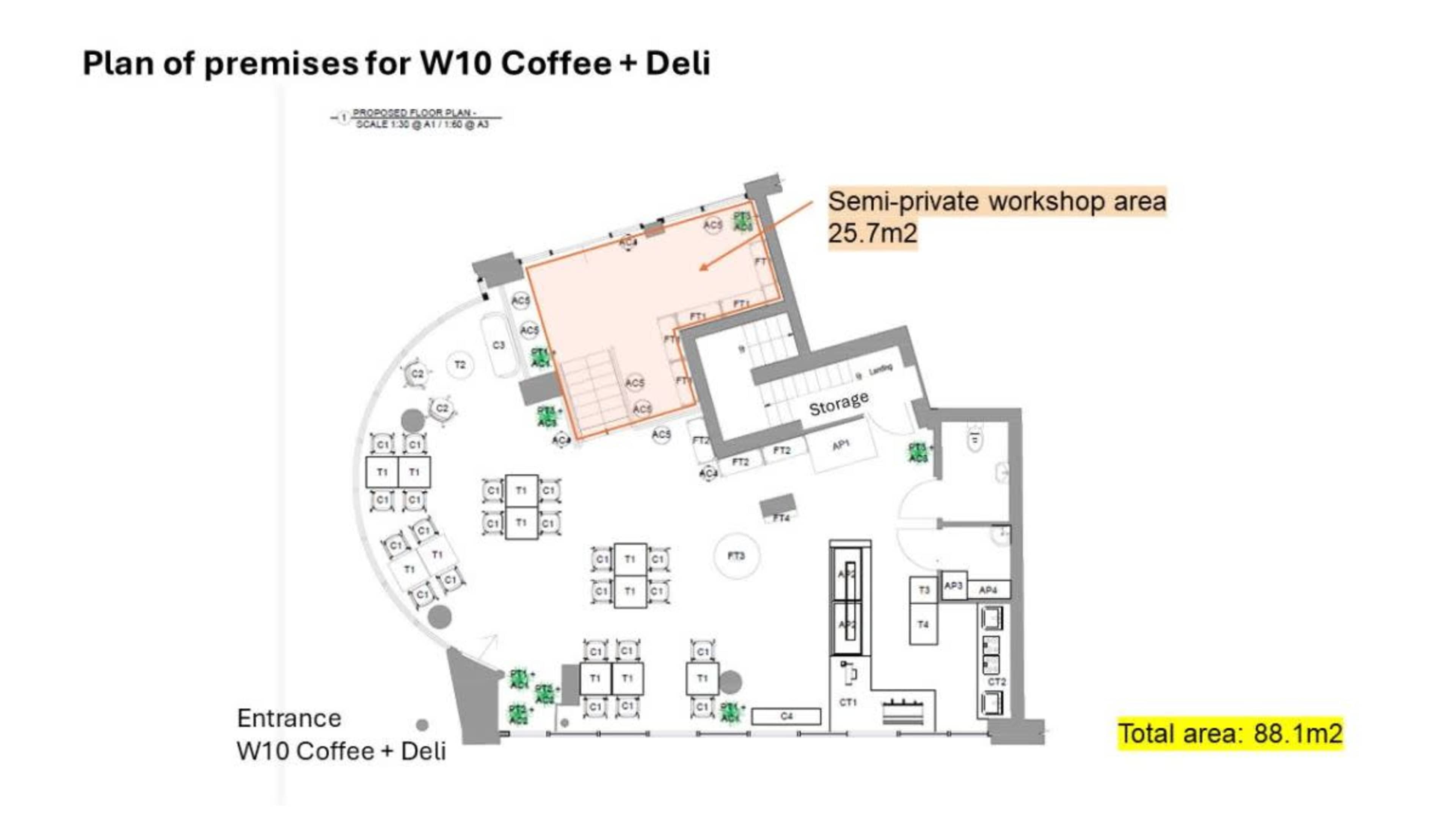 A floor plan layout for W10 Coffee + Deli, featuring a semi-private workshop area and various seating arrangements, with a total area of 88.1 square meters.