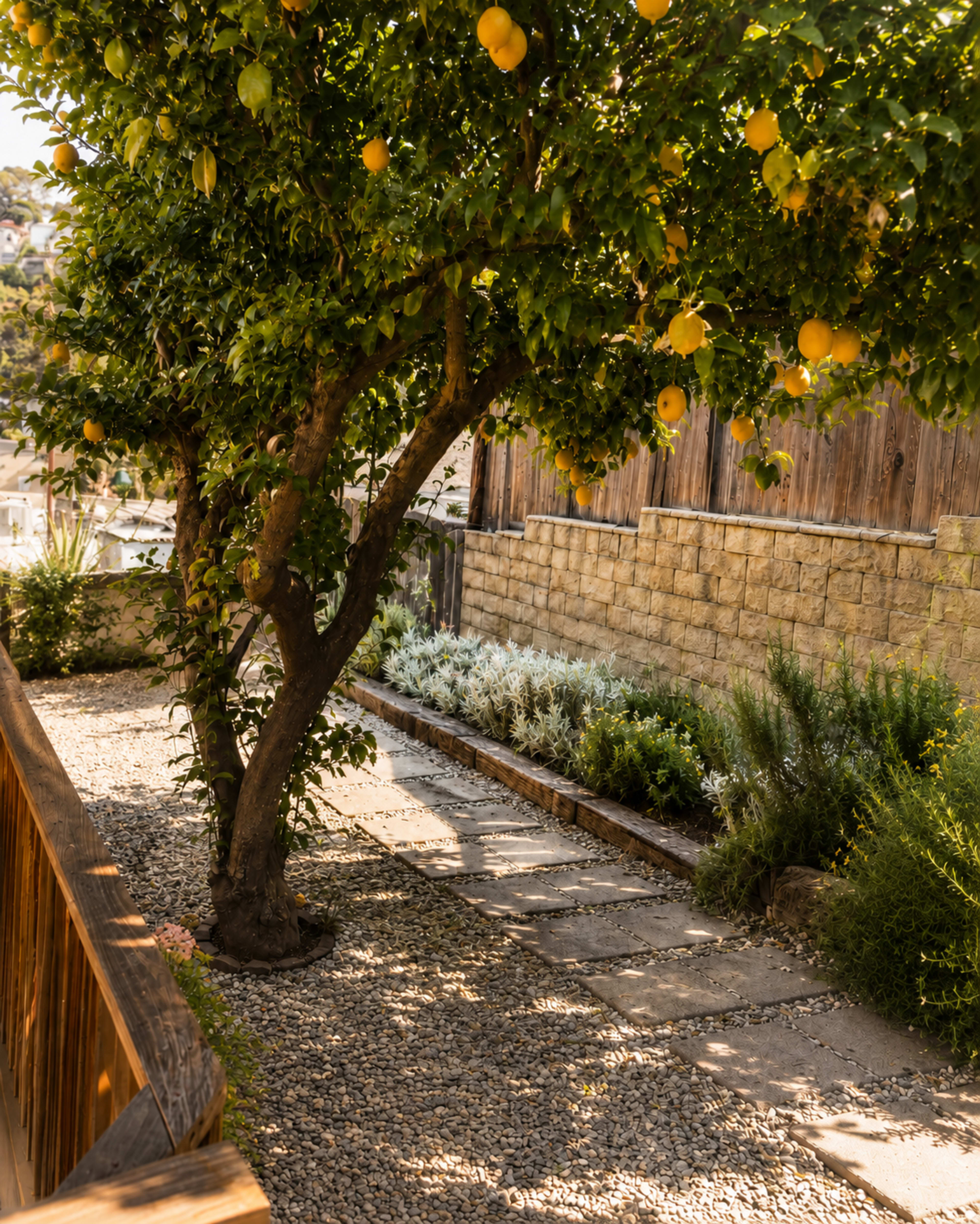 A lemon tree with ripe fruit stands beside a gravel path leading through a garden with stone walls in the background.