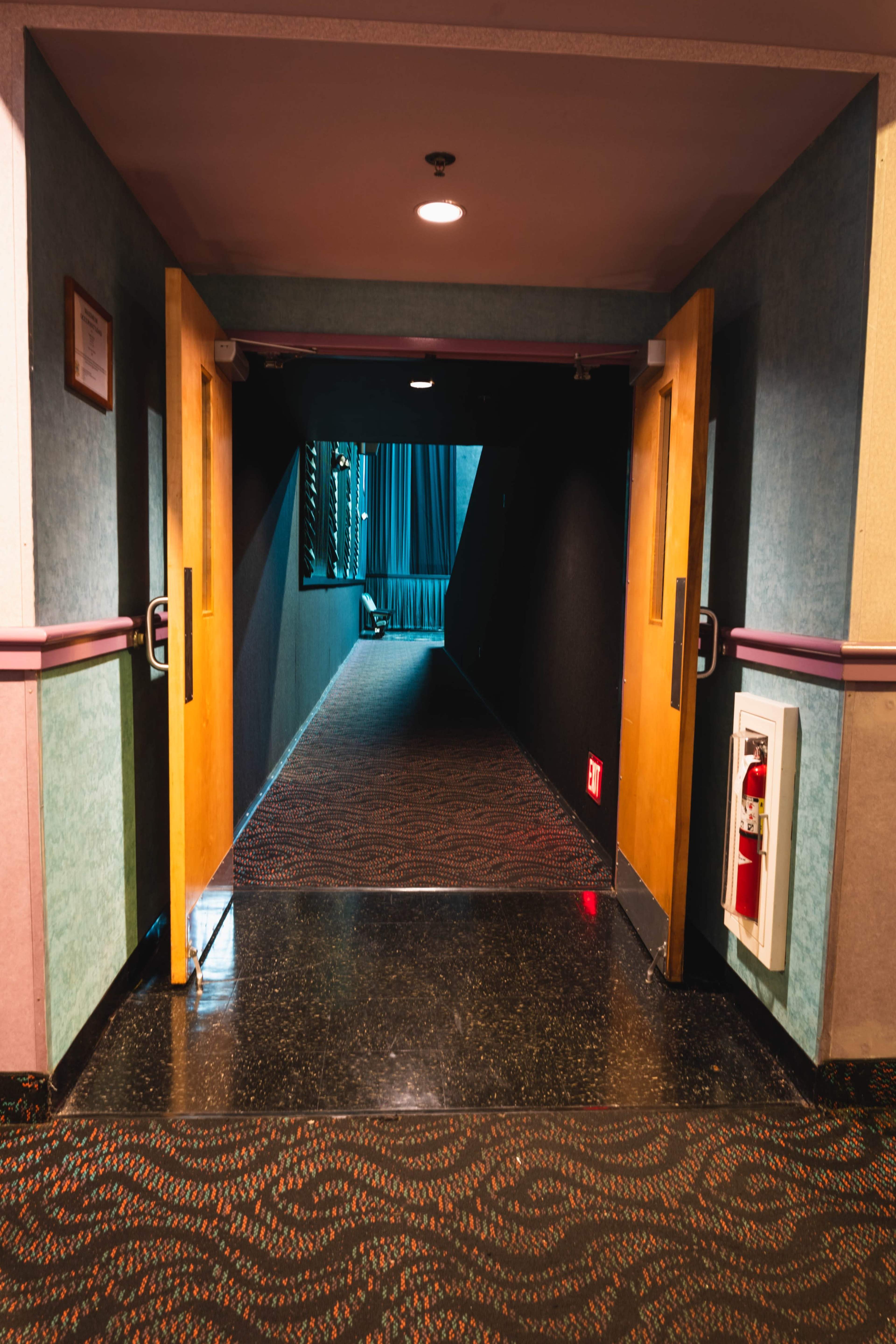 A dimly lit hallway with two open wooden doors leading to a deeper, darker corridor.