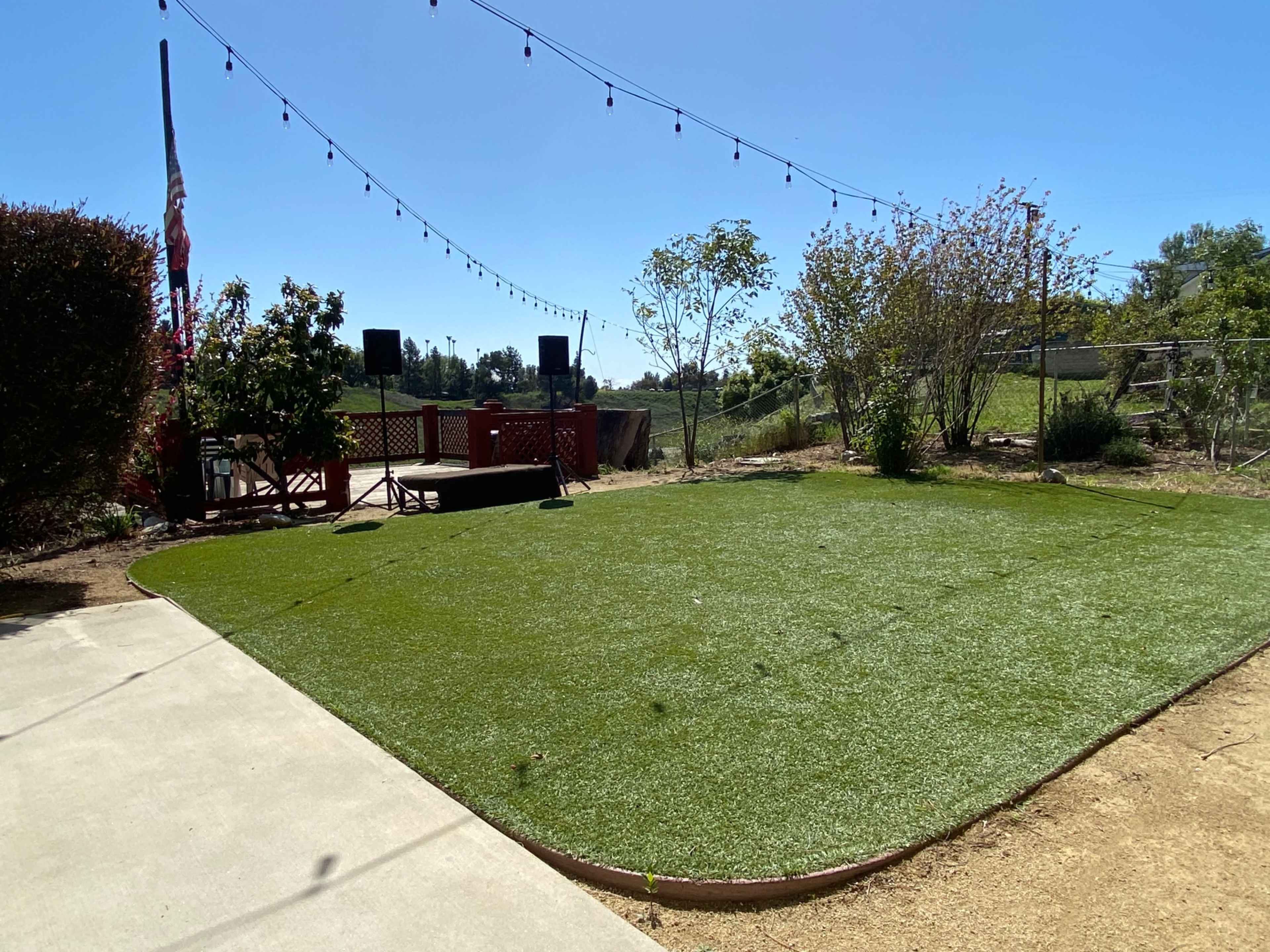 A grassy outdoor area with string lights above, a small stage, and surrounding trees and plants.