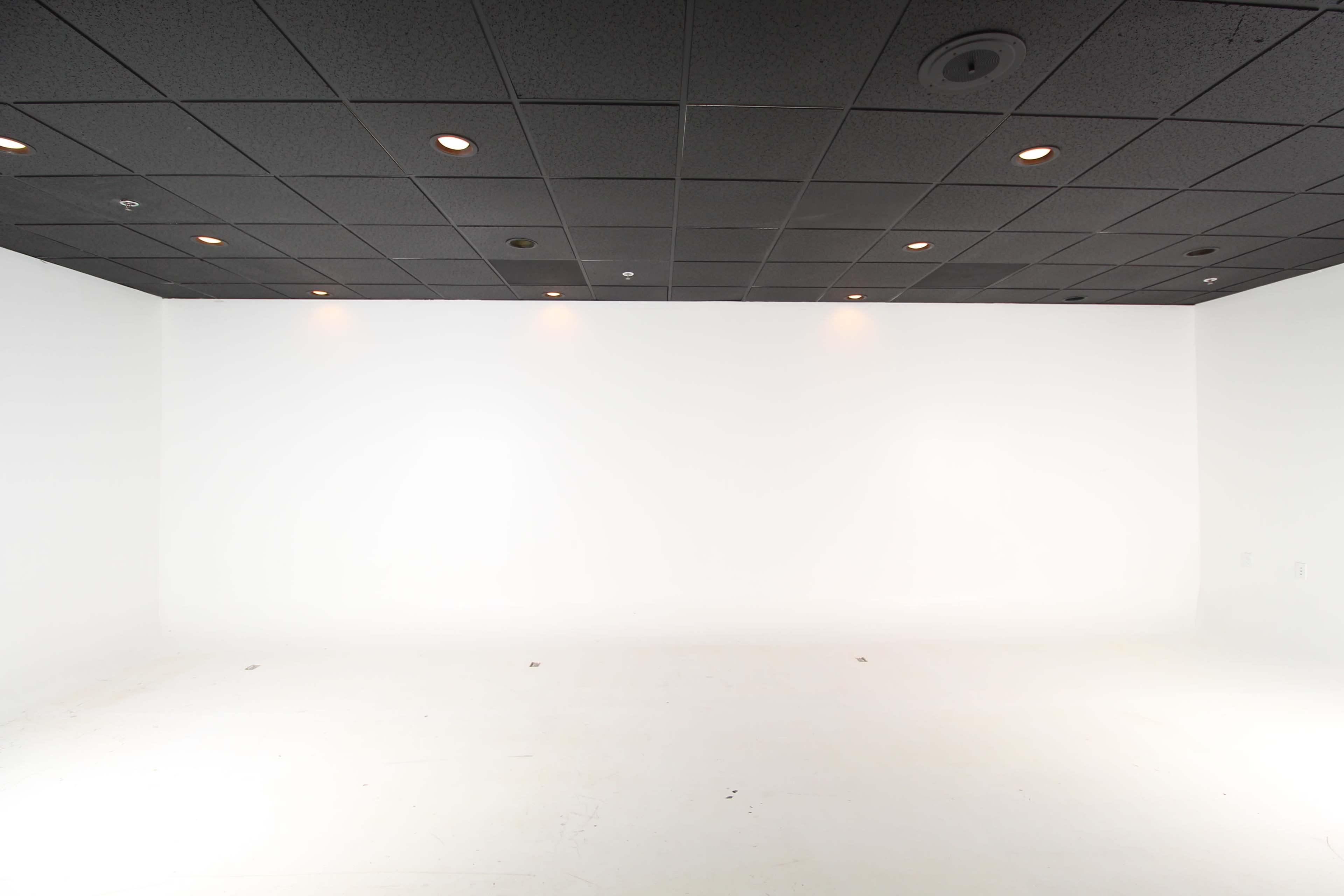 The image shows a spacious, empty room with a white wall and black ceiling tiles, featuring recessed lighting.